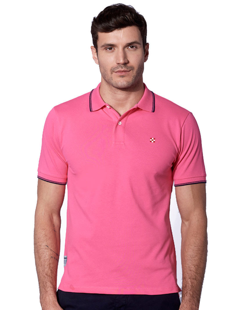 Pink Fluo Piquet Polo With St. Barth Check Logo