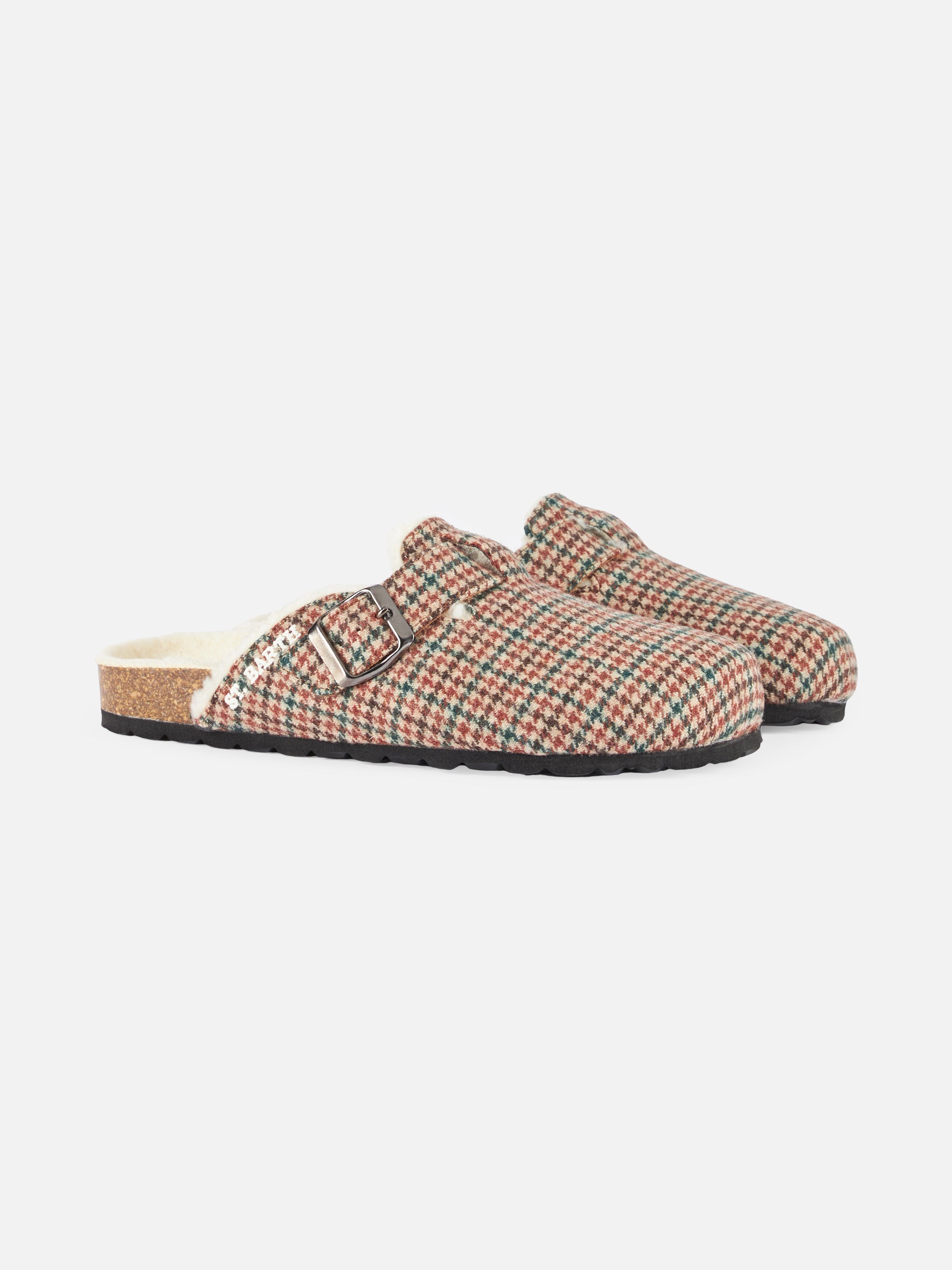 Woman Furry Sandal Clogs With Pied De Poule Print