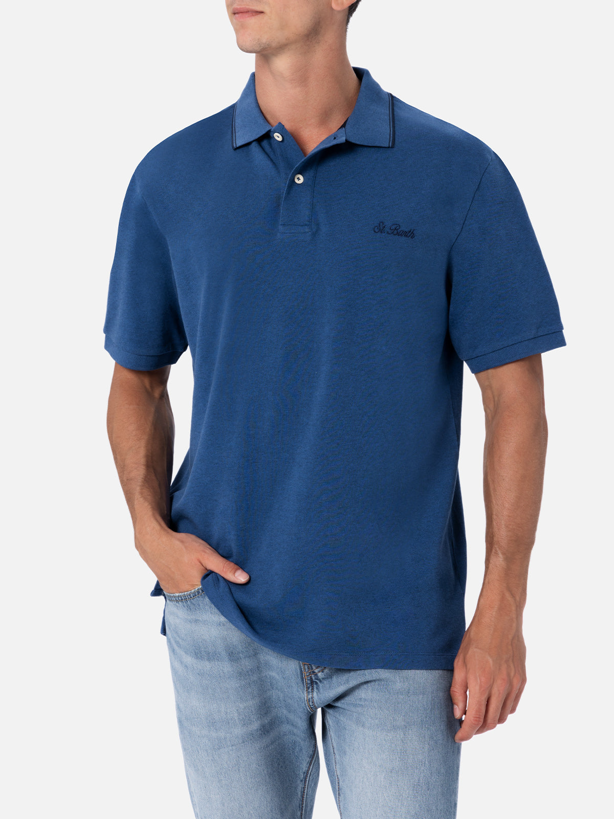 Man Denim Blue Cotton Piquet Polo Shirt Beverly Hills