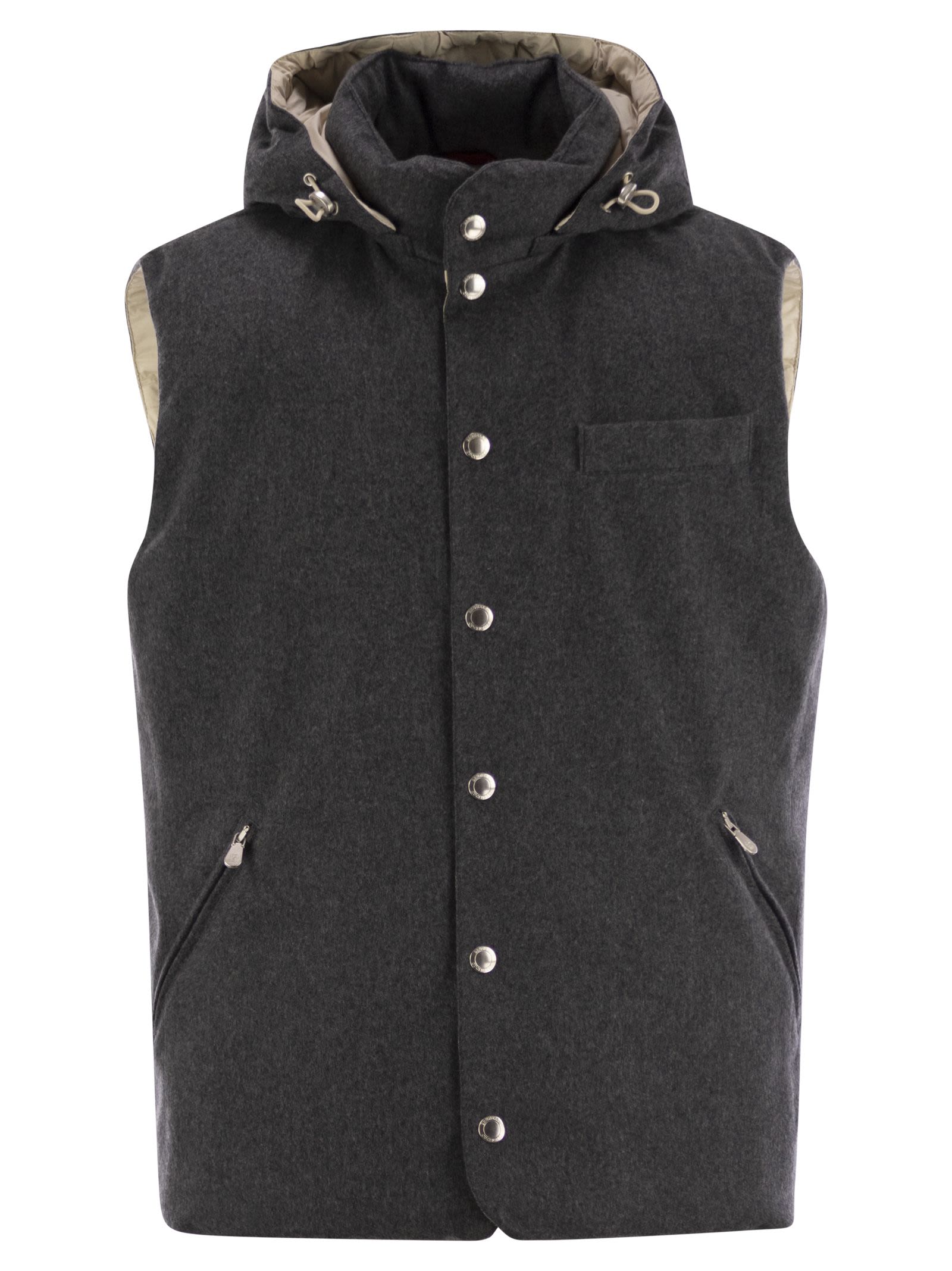 Sleeveless Down Jacket In Membraned Wool Flannel With Detachable Hood