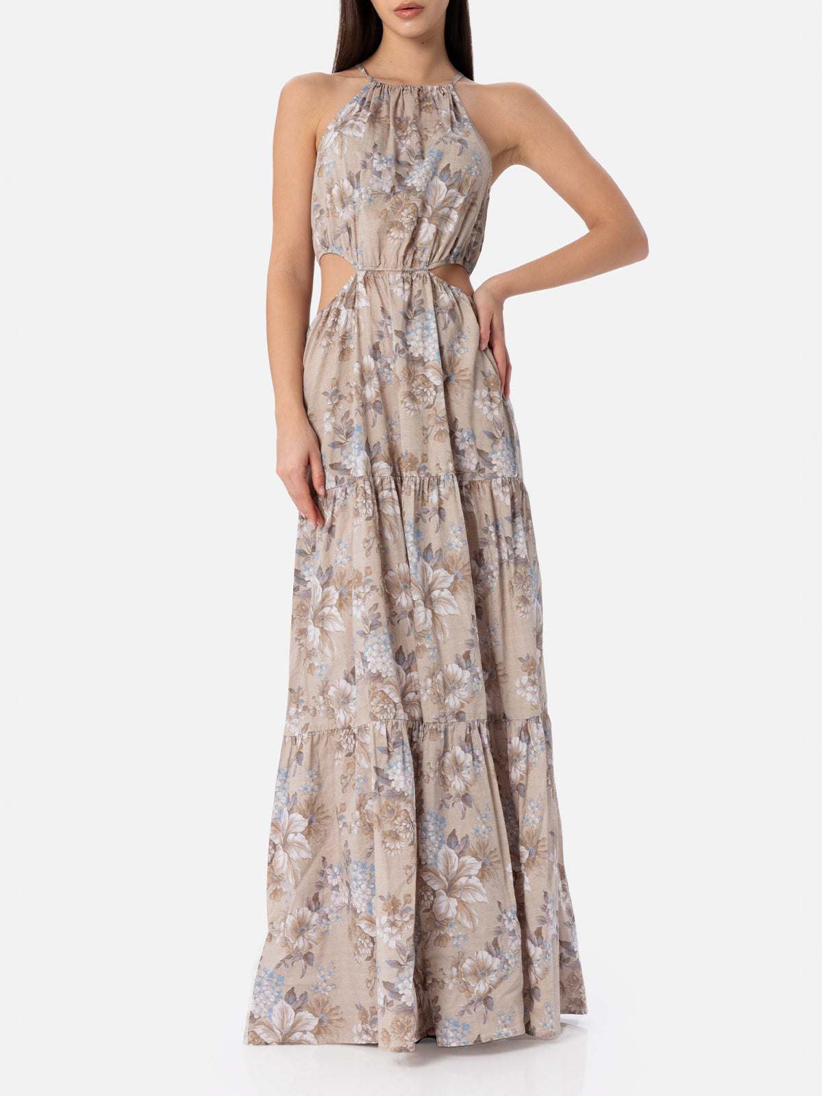 Woman Cut Out Long Dress Kaby With Flower Print