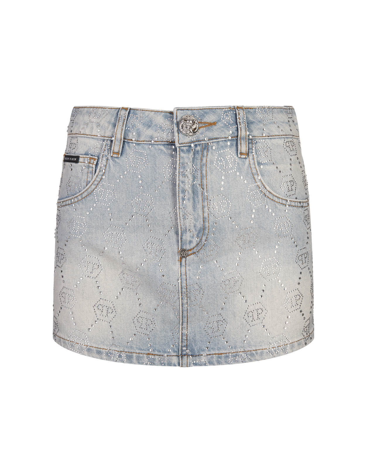 Denim Mini Skirt With Rhinestone Monogram Motif