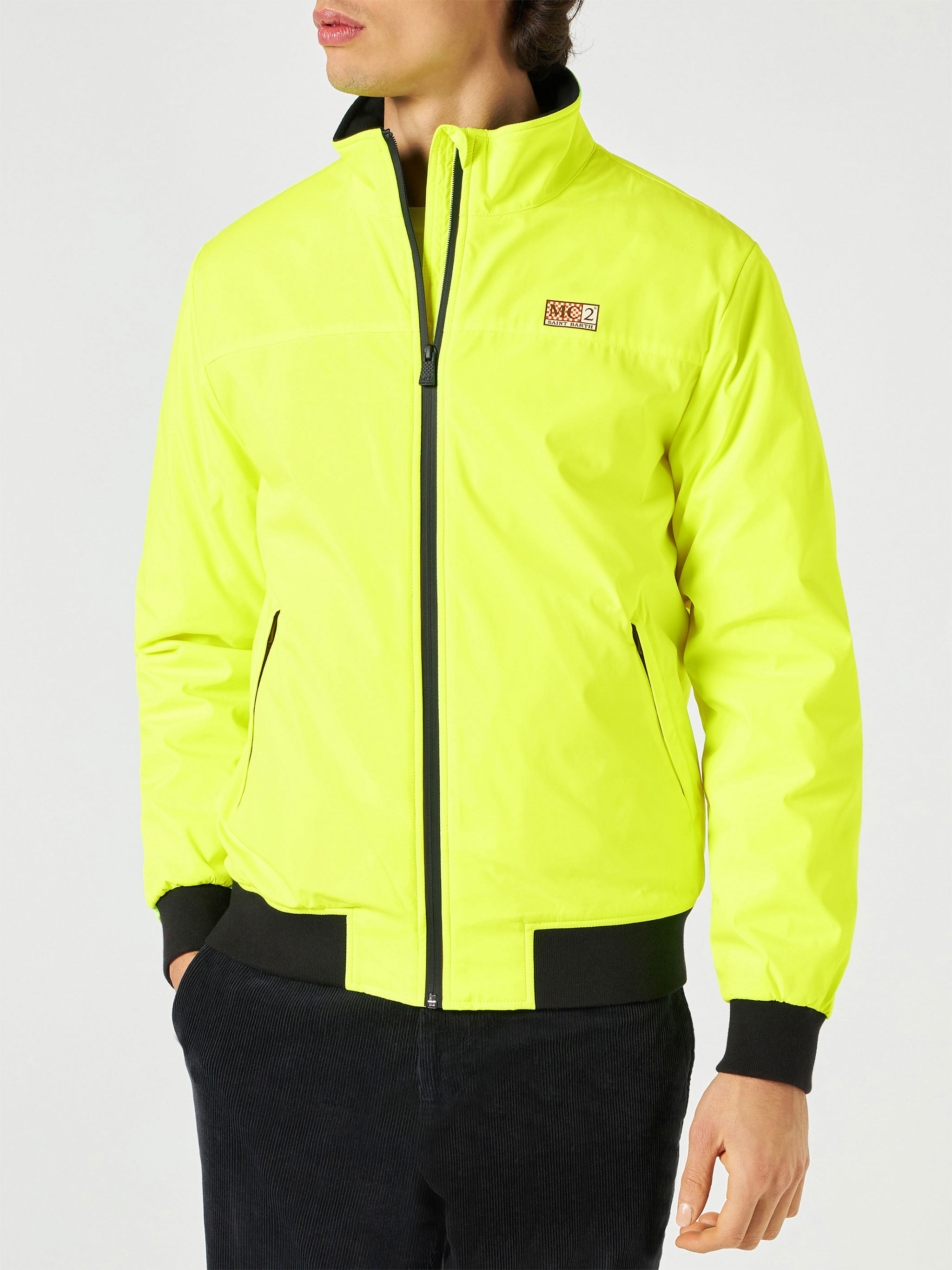 Man Fluo Yellow Bomber Jacket With Furry Lining