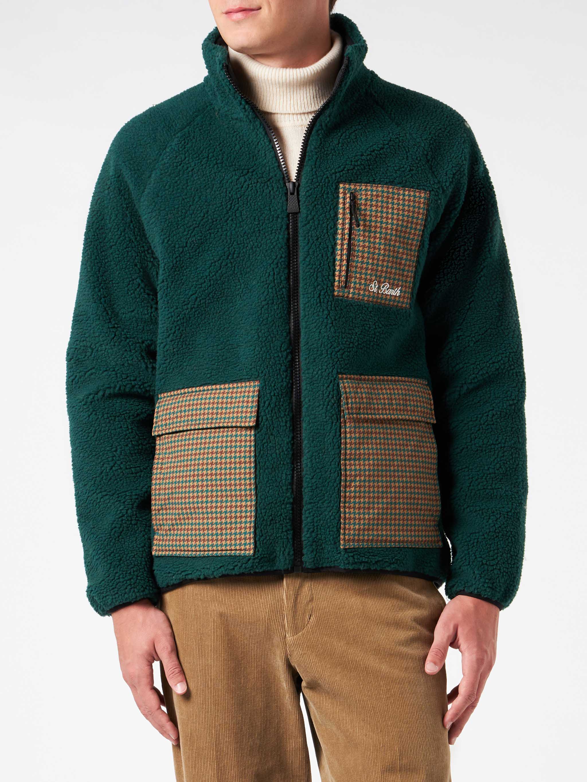 Man Green Sherpa Jacket With Check Patch Pockets