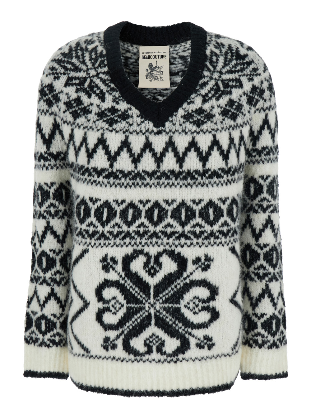 bess White And Black Sweater With With Intarsia Knit Anc V-neck In Wool And Alpaca Blend Woman