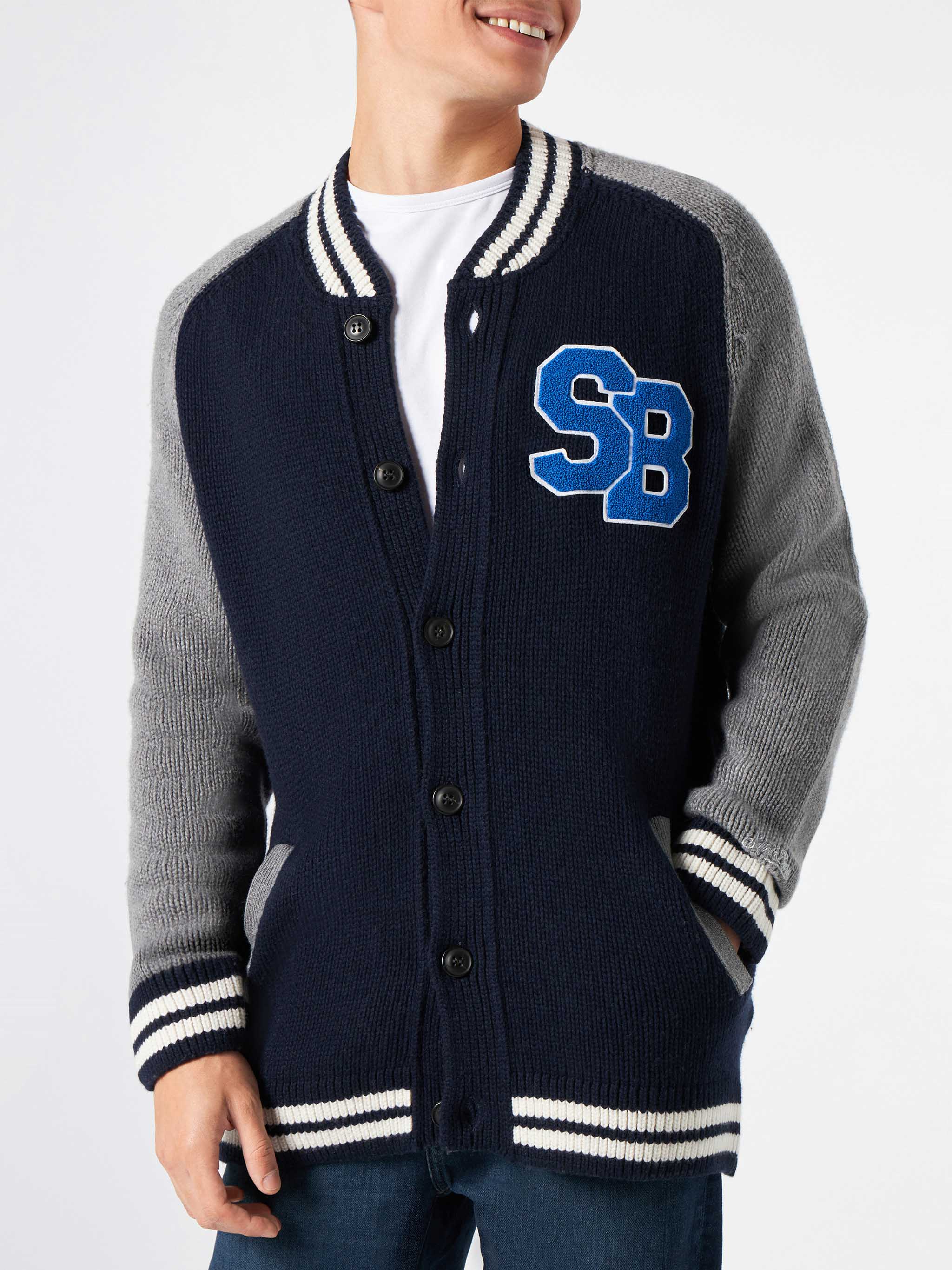 Blue Knit Bomber College Style