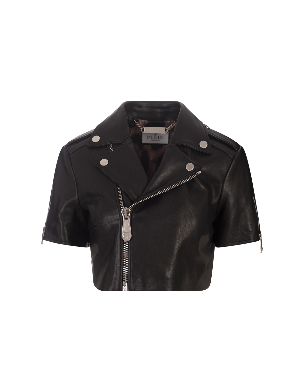 Black Leather Cropped Biker Short Sleeve Jacket