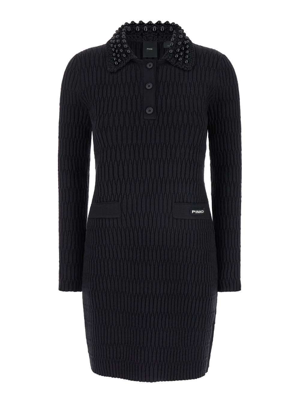 punto Black Short Dress With Classic Collar And Front Logo Plate In Knit Woman