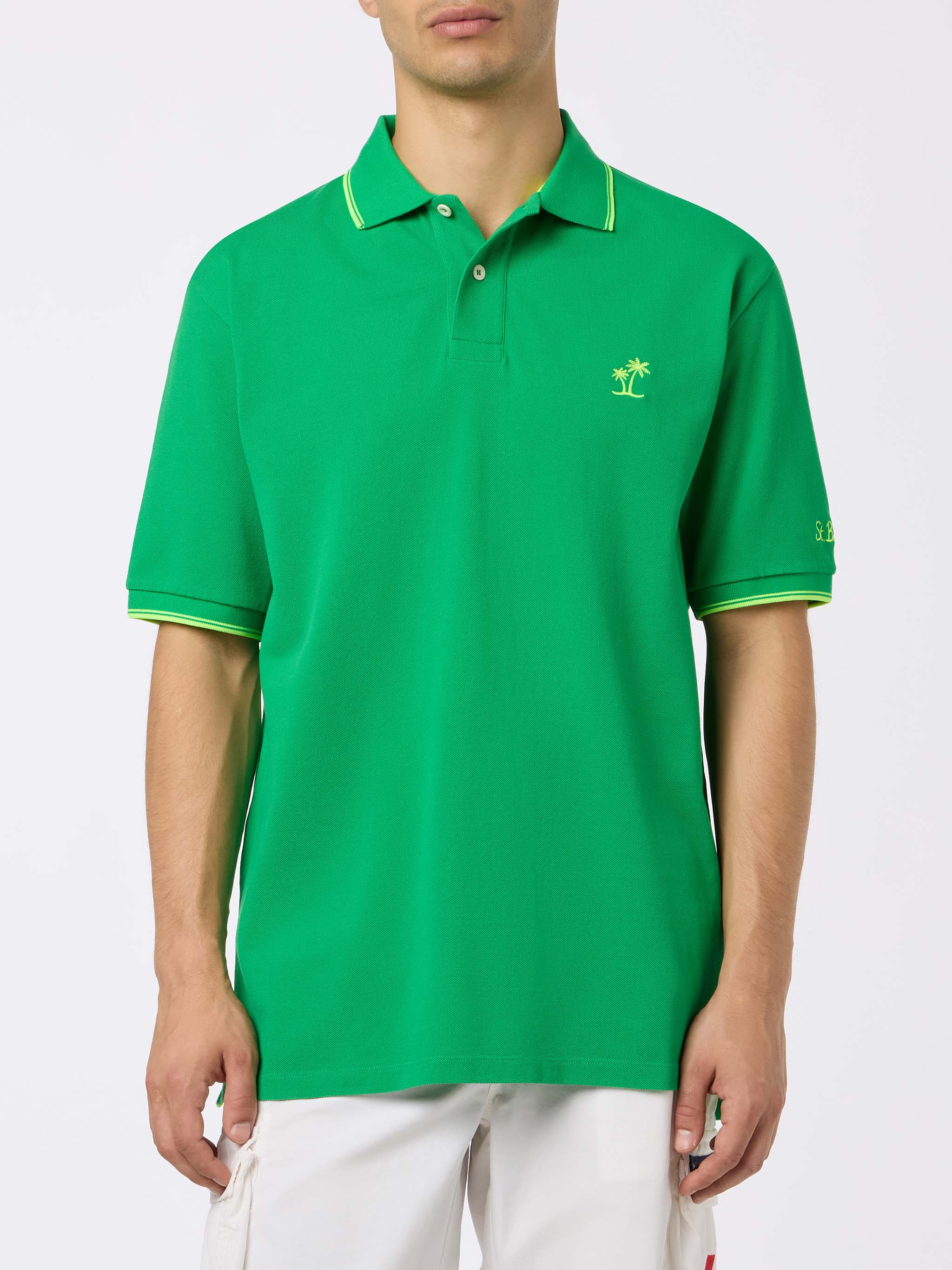 Man Green Cotton Piquet Polo Shirt Beverly Hills With Palm Embroidery