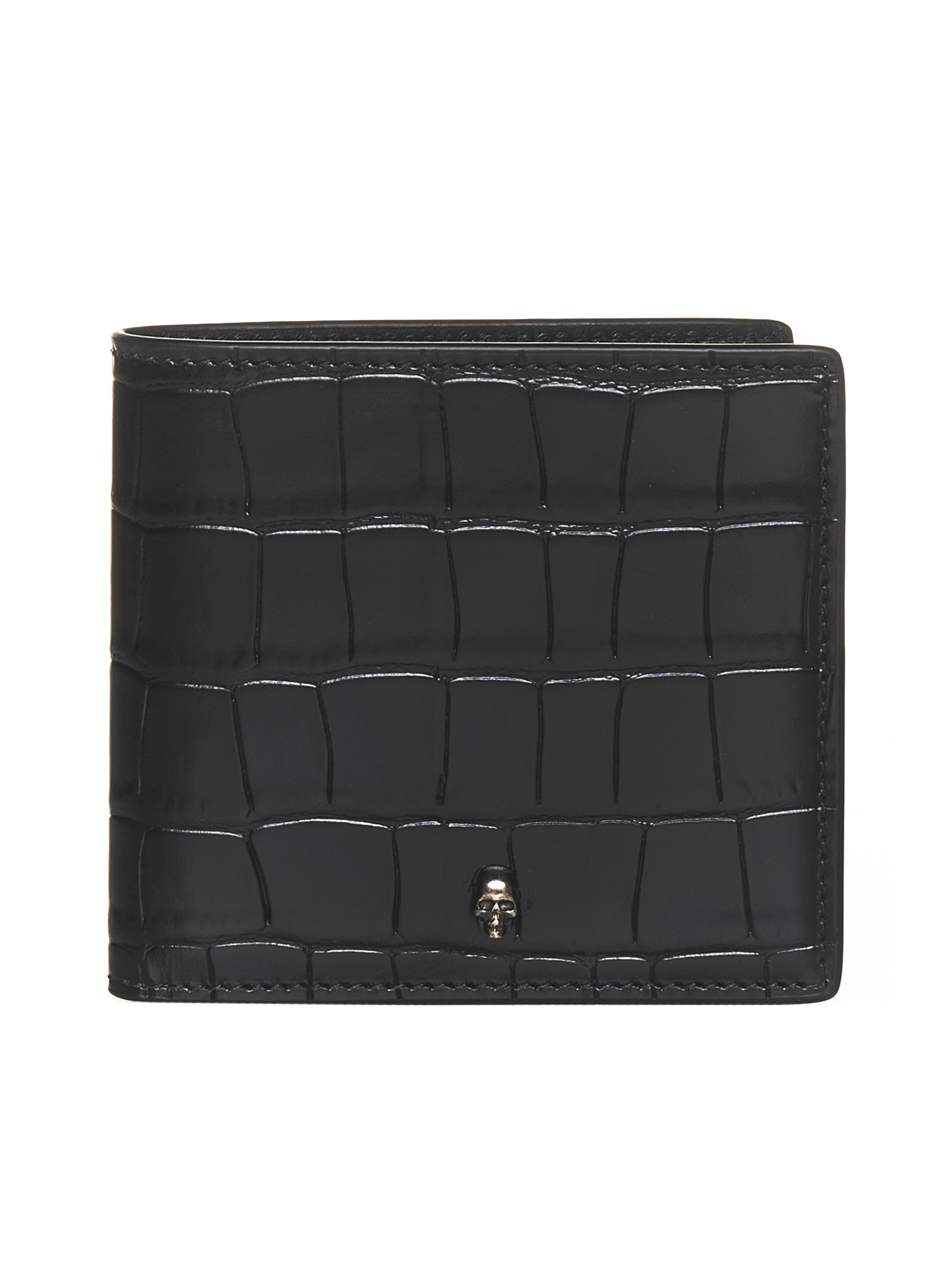 Bi-fold Wallet With Mini Skull Patch In Croco Embossed Leather