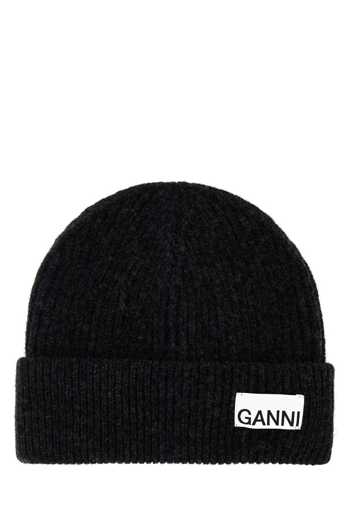 Ganni Charcoal Wool Blend Beanie Hat In Grigio