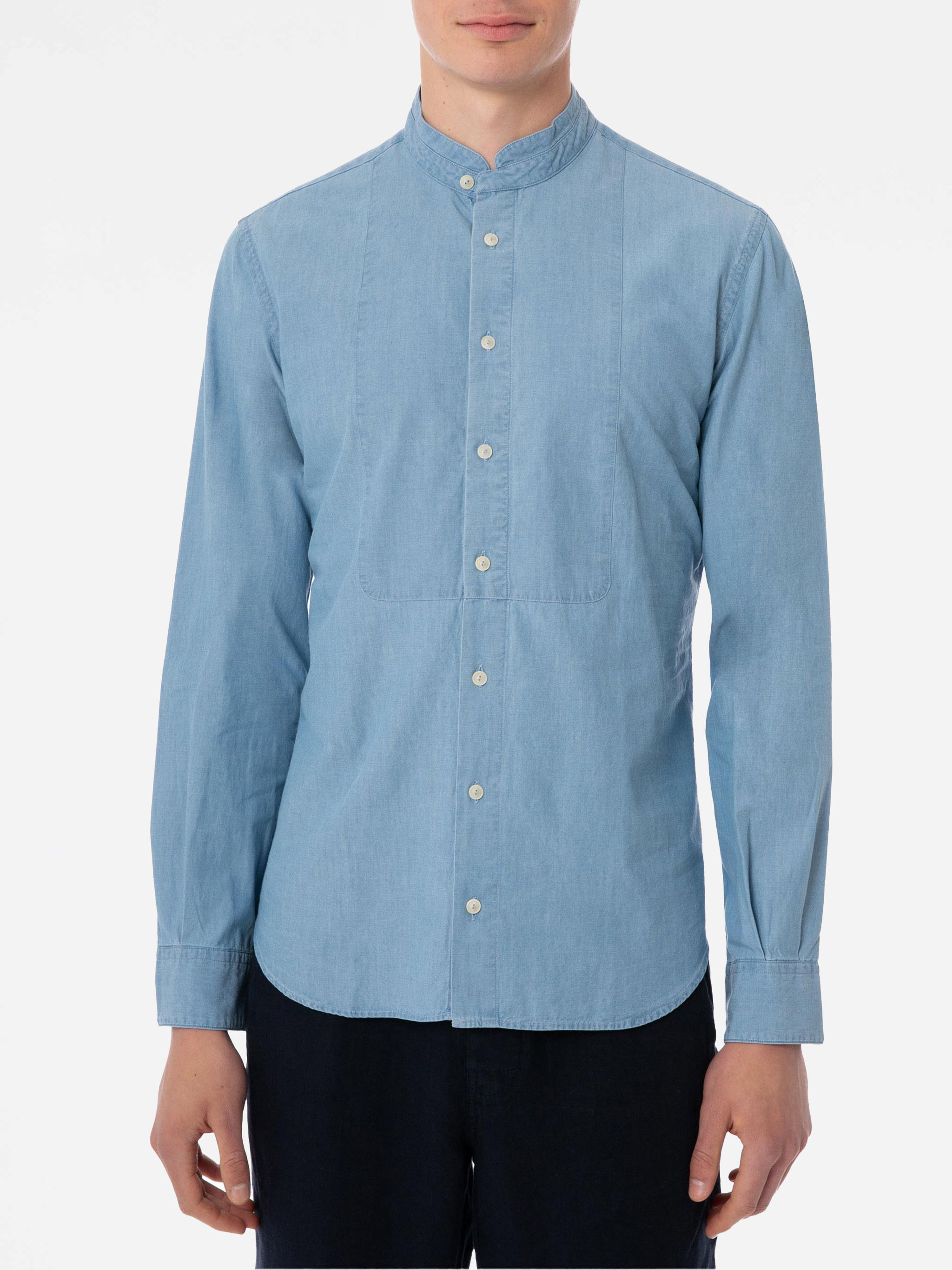 Man Light Blue Denim Linen Shirt