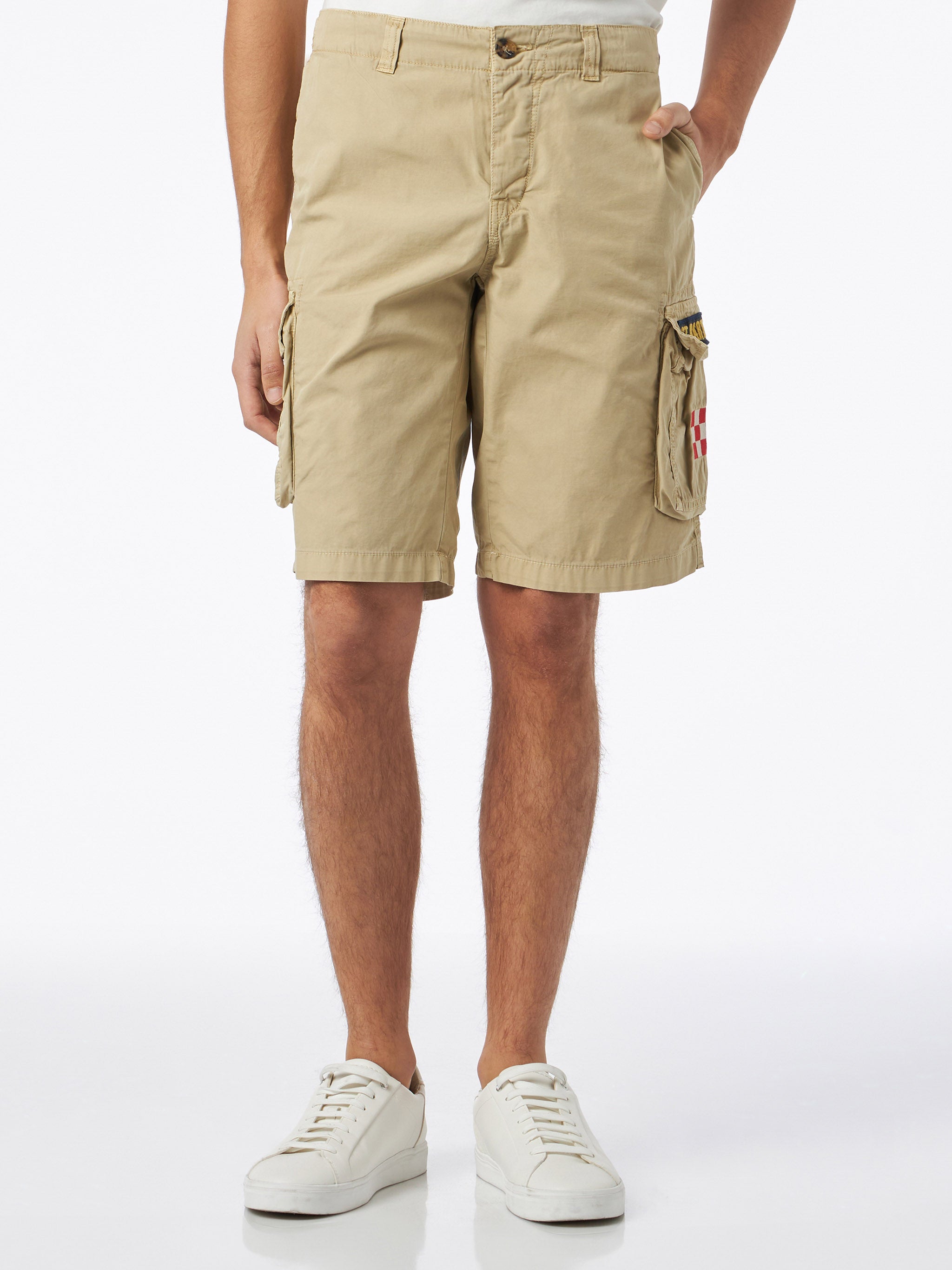 Man Beige Cotton Cargo Shorts