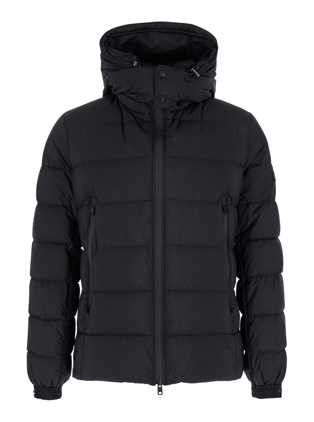 borbore Black Down Jacket With Hood And Logo Patch In Tech Fabric Man