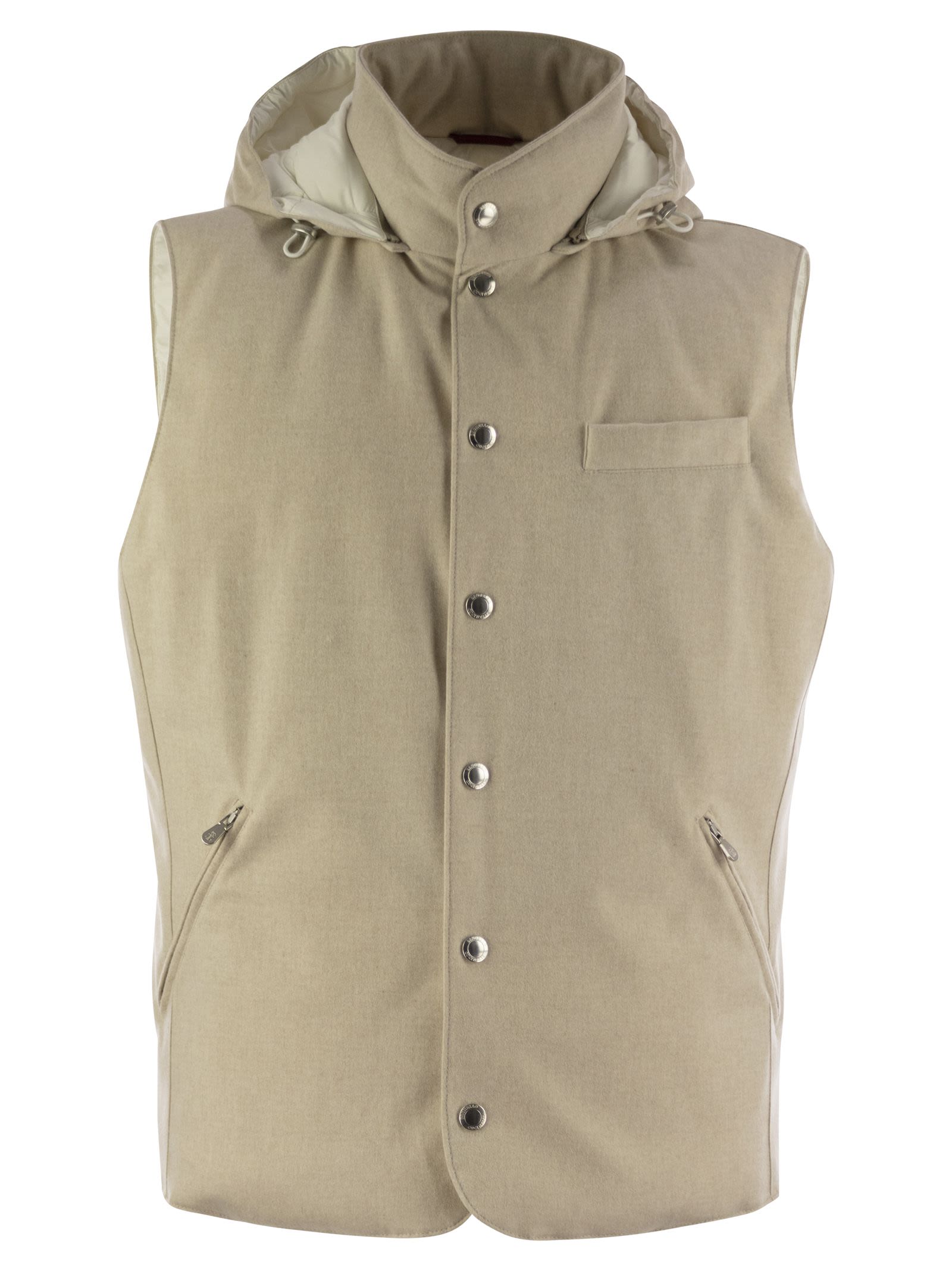 Sleeveless Down Jacket In Membraned Wool Flannel With Detachable Hood