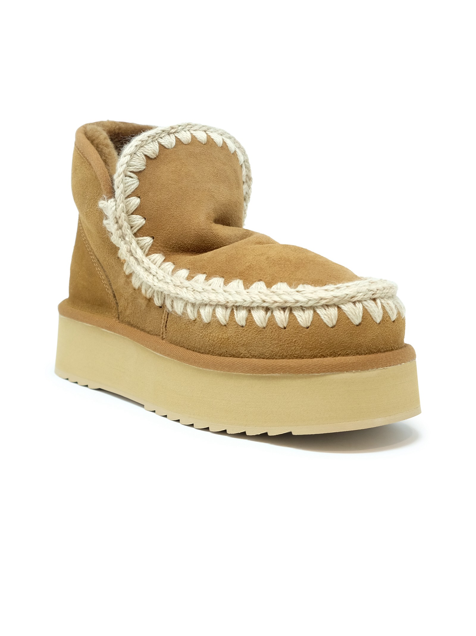 Mou Cognac Mini Eskimo Leather Wool Rubber Platform Boot In Cognac