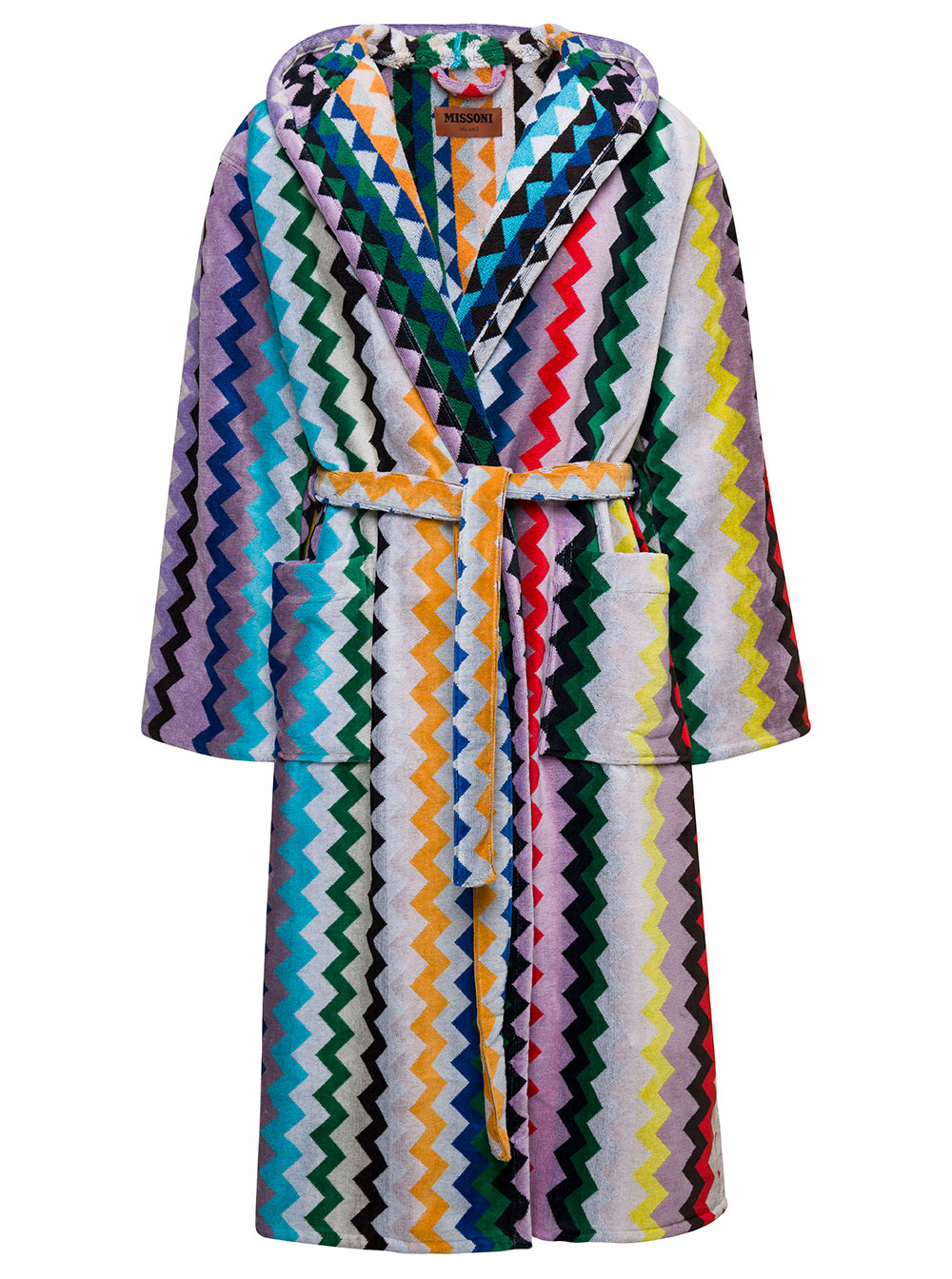 carlie Multicolor Hooded Bathrobe And Zig Zag Motif In Cotton