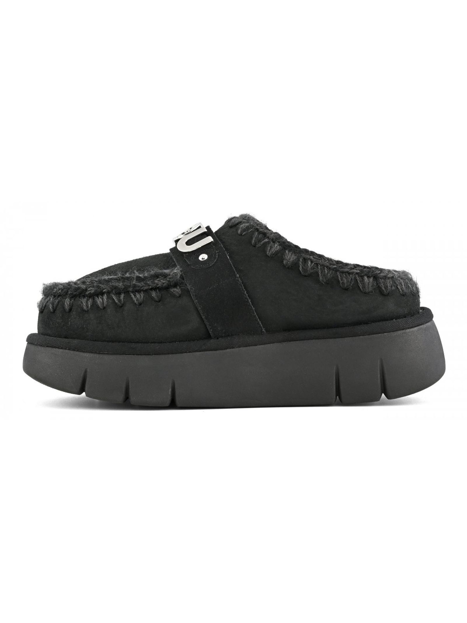 Shop Mou Black Double-face Sheepskin Bounce Clog In Bkbk Black Black