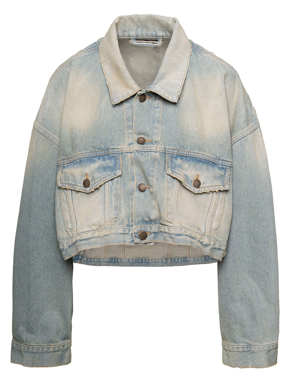 gigi Light Blue Cropped Jacket With Bleach Effect In Cotton Denim Woman