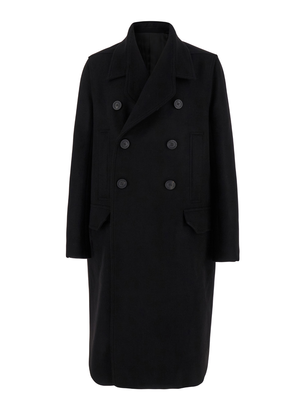 Black Double-breasted Coat With Wide Revers In Wool Man