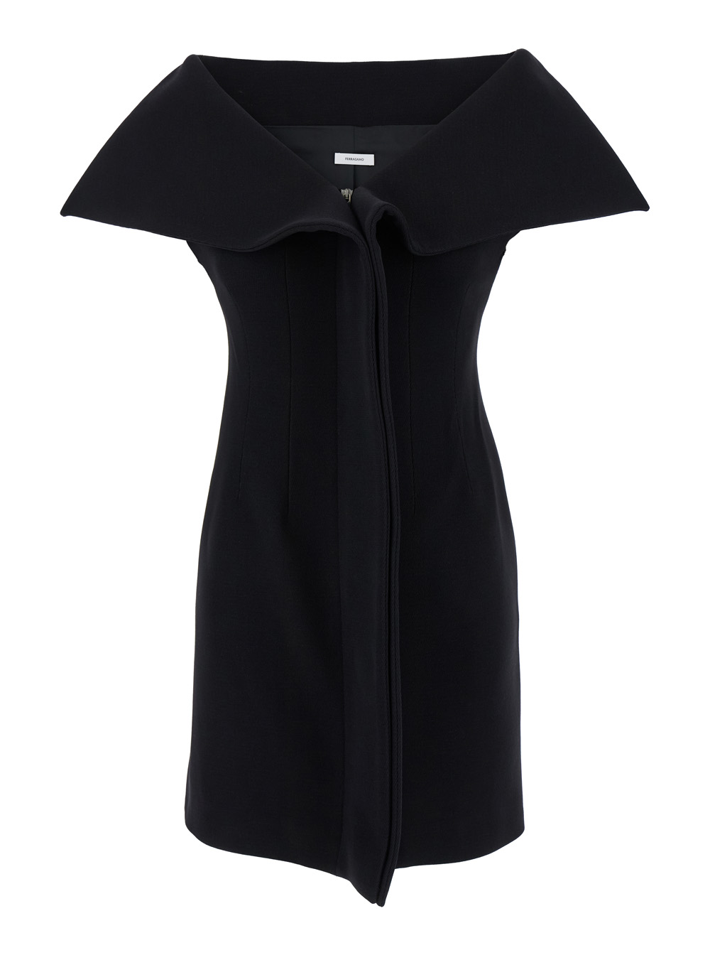 Black Short Dress With Bardot Neckline In Wool Blend Stretch Woman