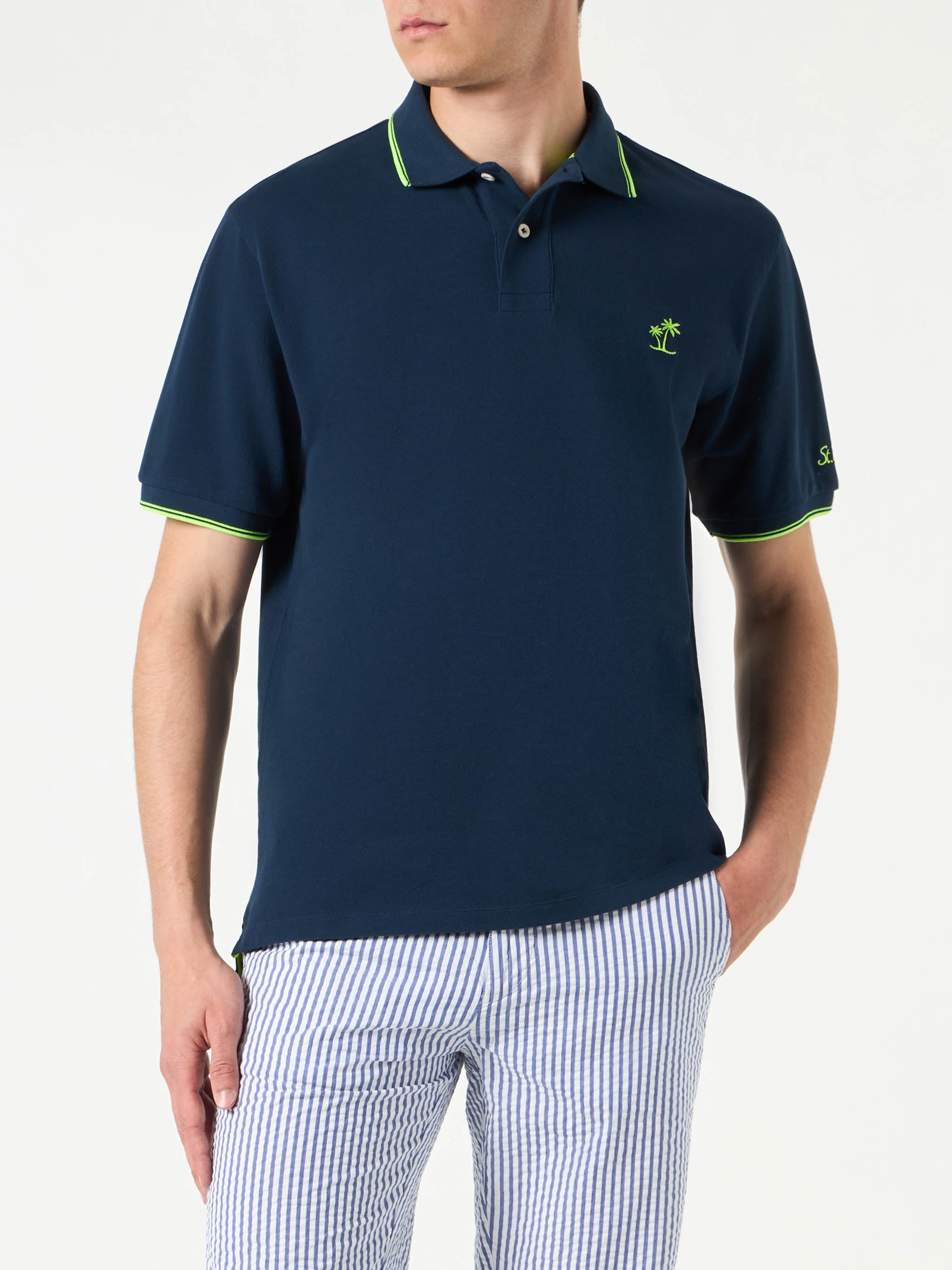 Blue Piquet Polo With St. Barth Logo And Contrasts