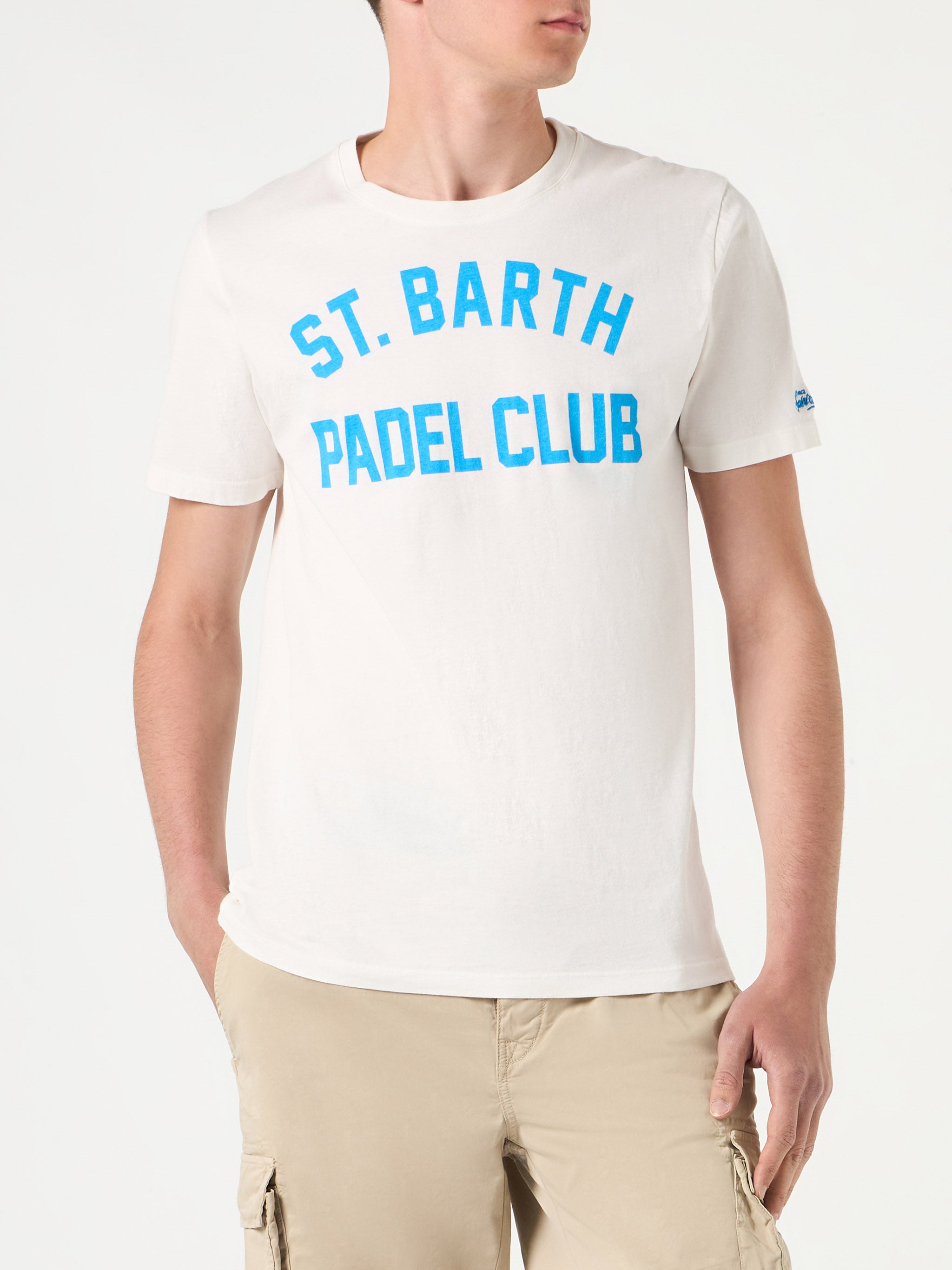 Man Cotton Vintage Treatment T-shirt With St. Barth Padel Club Print