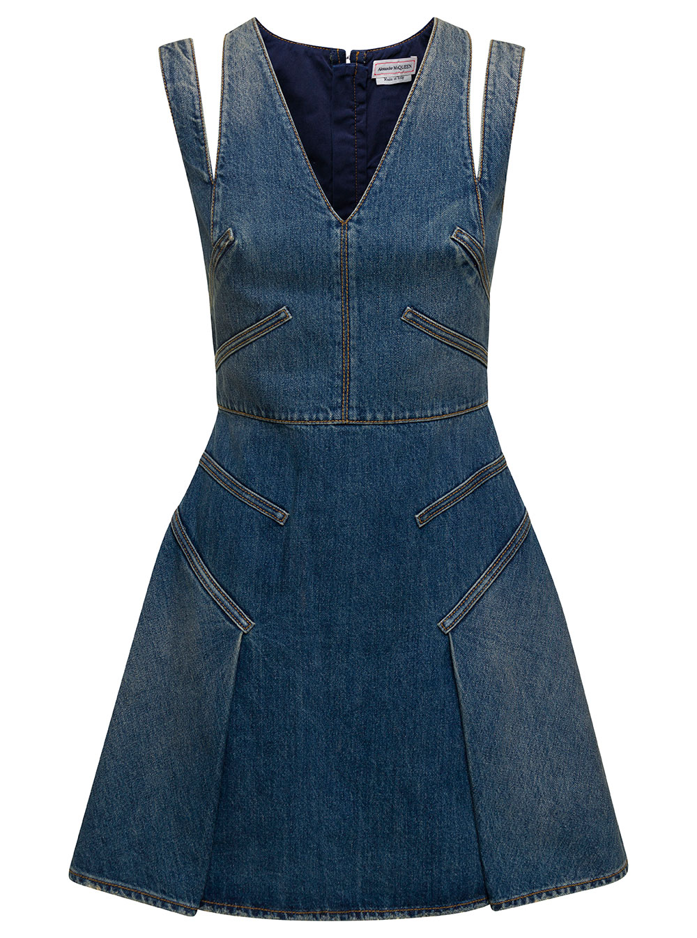 V-neck Pleated Denim Mini Dress