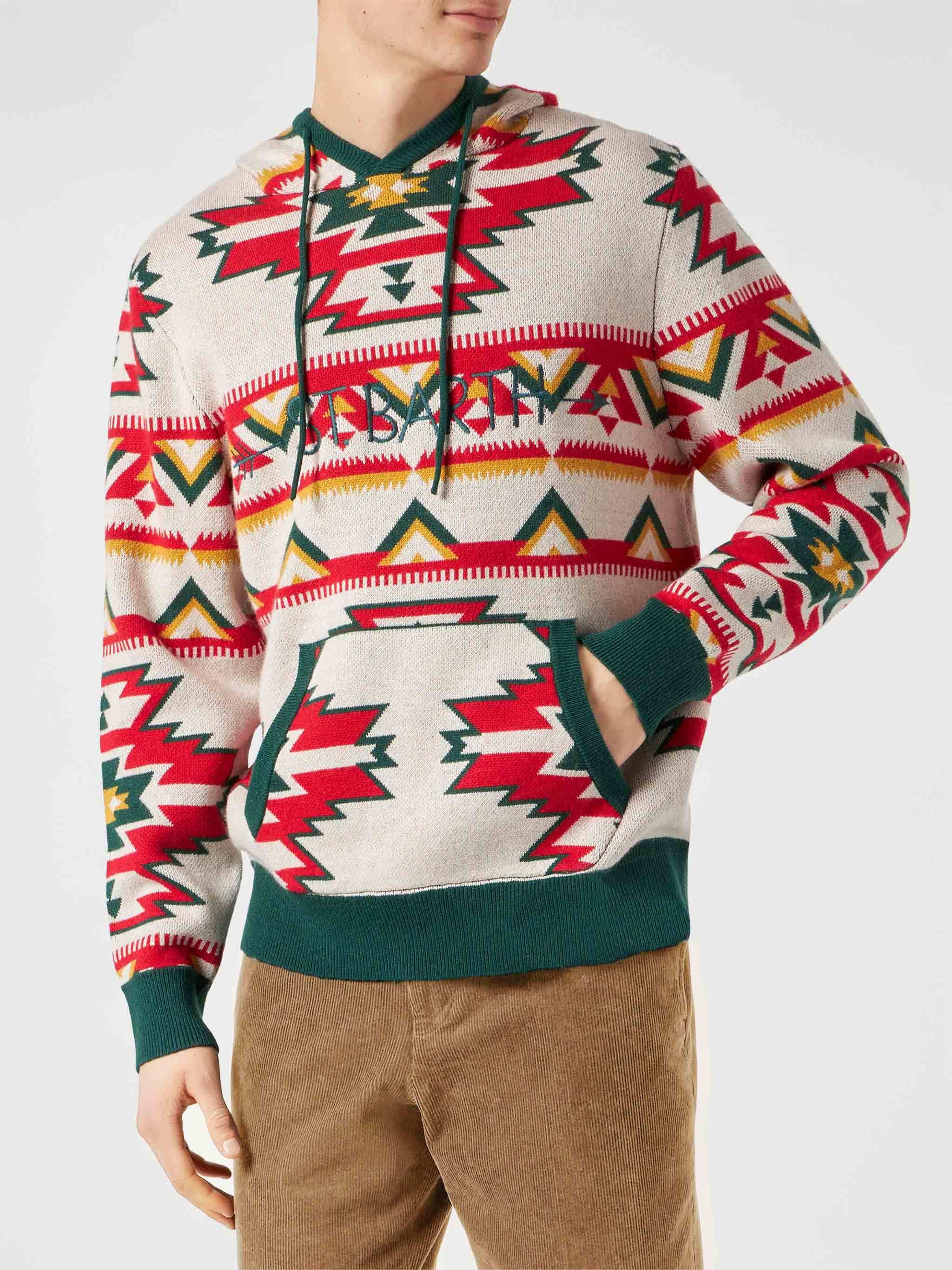 Man Hooded Knit With Ethnic Pattern