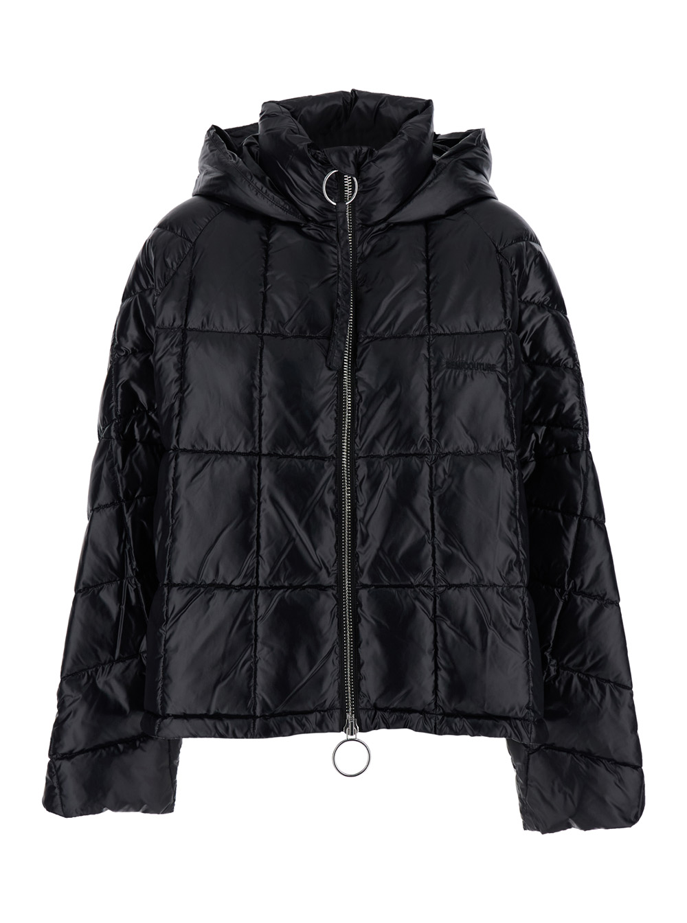 Black Down Jacket With Hood And Logo Lettering On The Front In Tech Fabric Woman