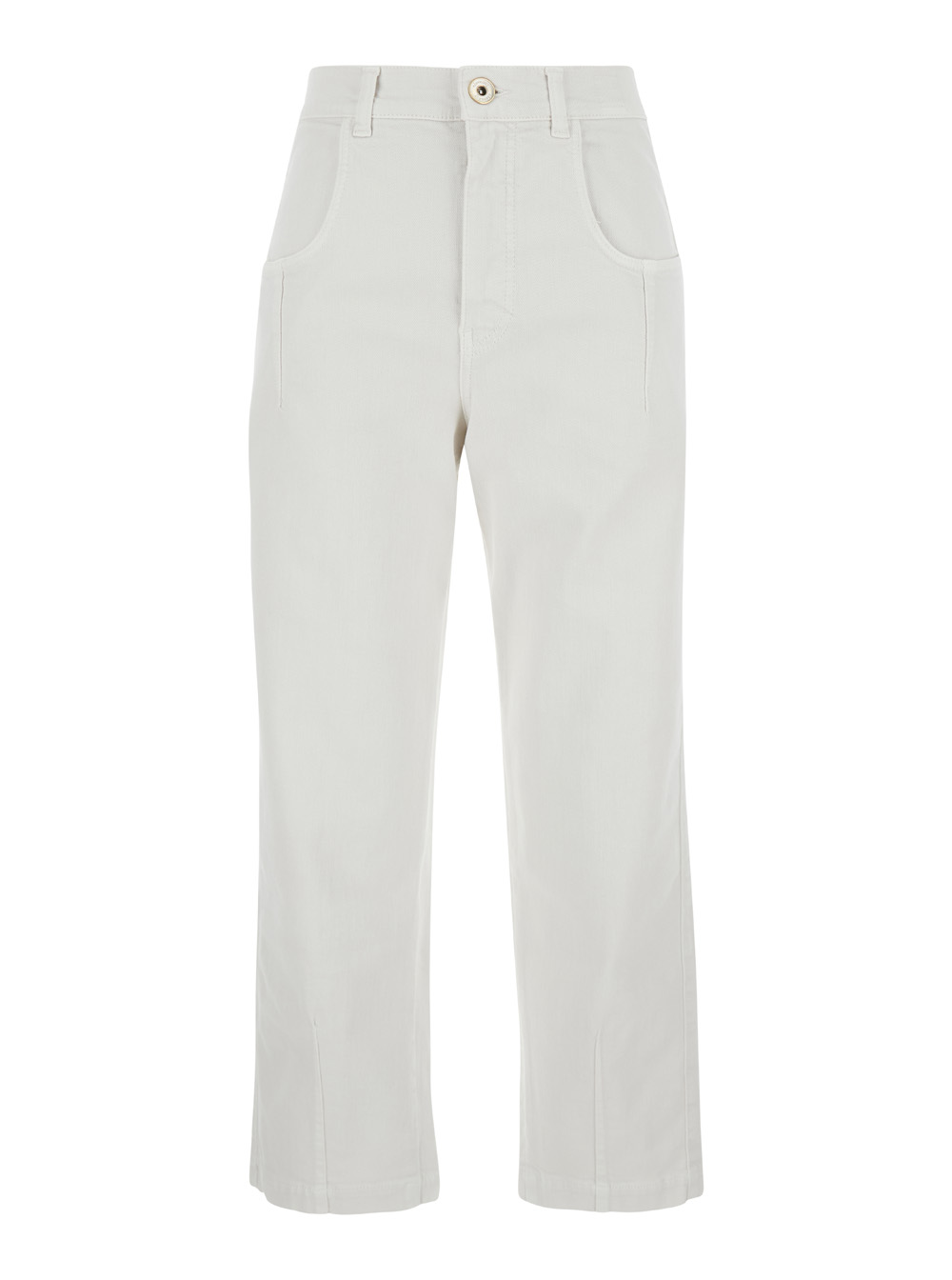 White Pants With High Waist And Belt Loops And Pences Details In Cotton Stretch Woman