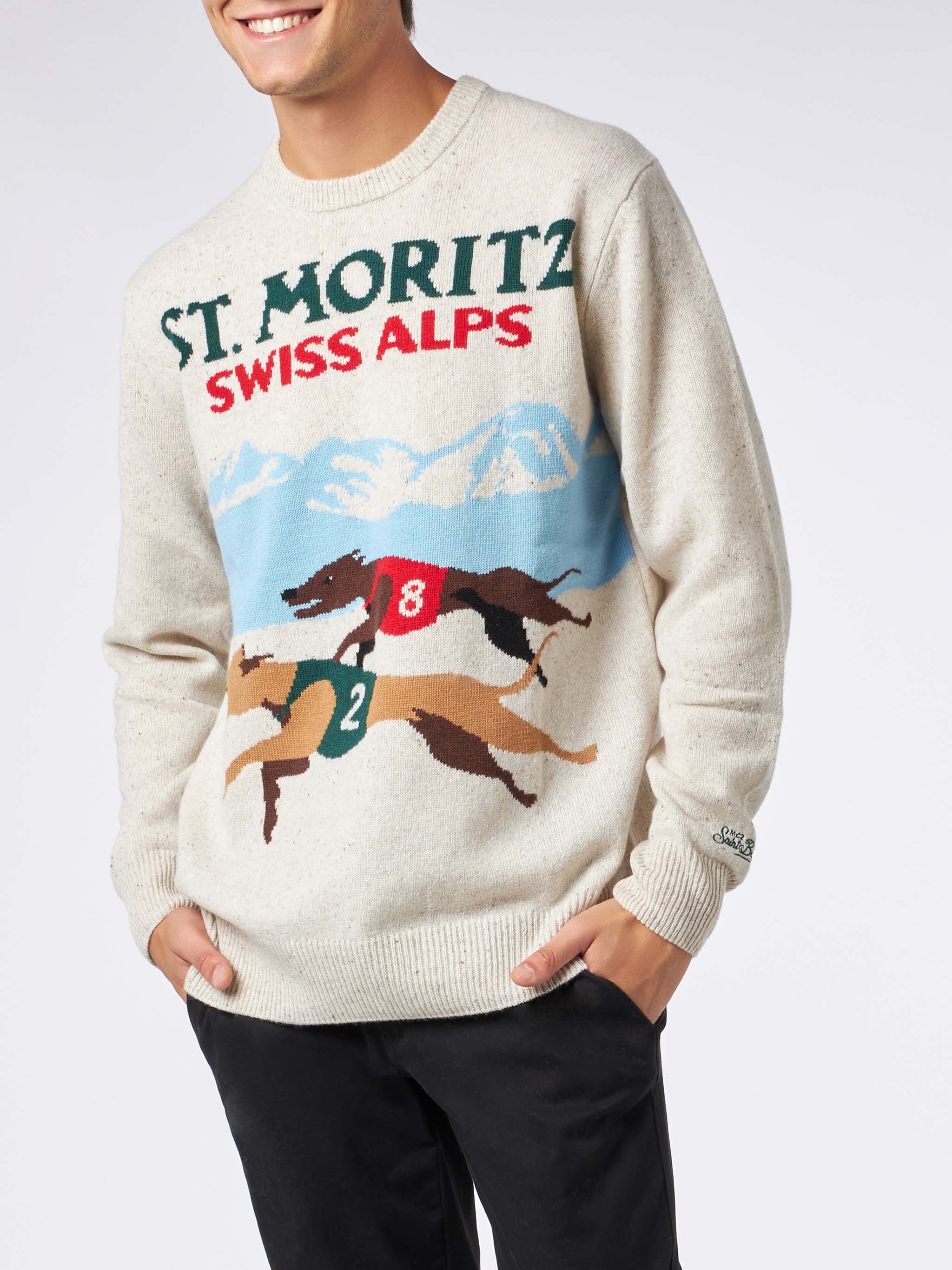 Man Crewneck Donegal Sweater With St. Moritz Polo Print