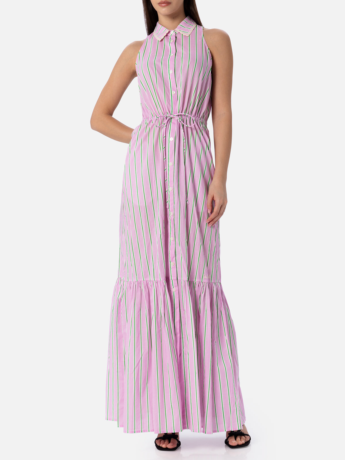 Woman Halterneck Dress With Striped Print