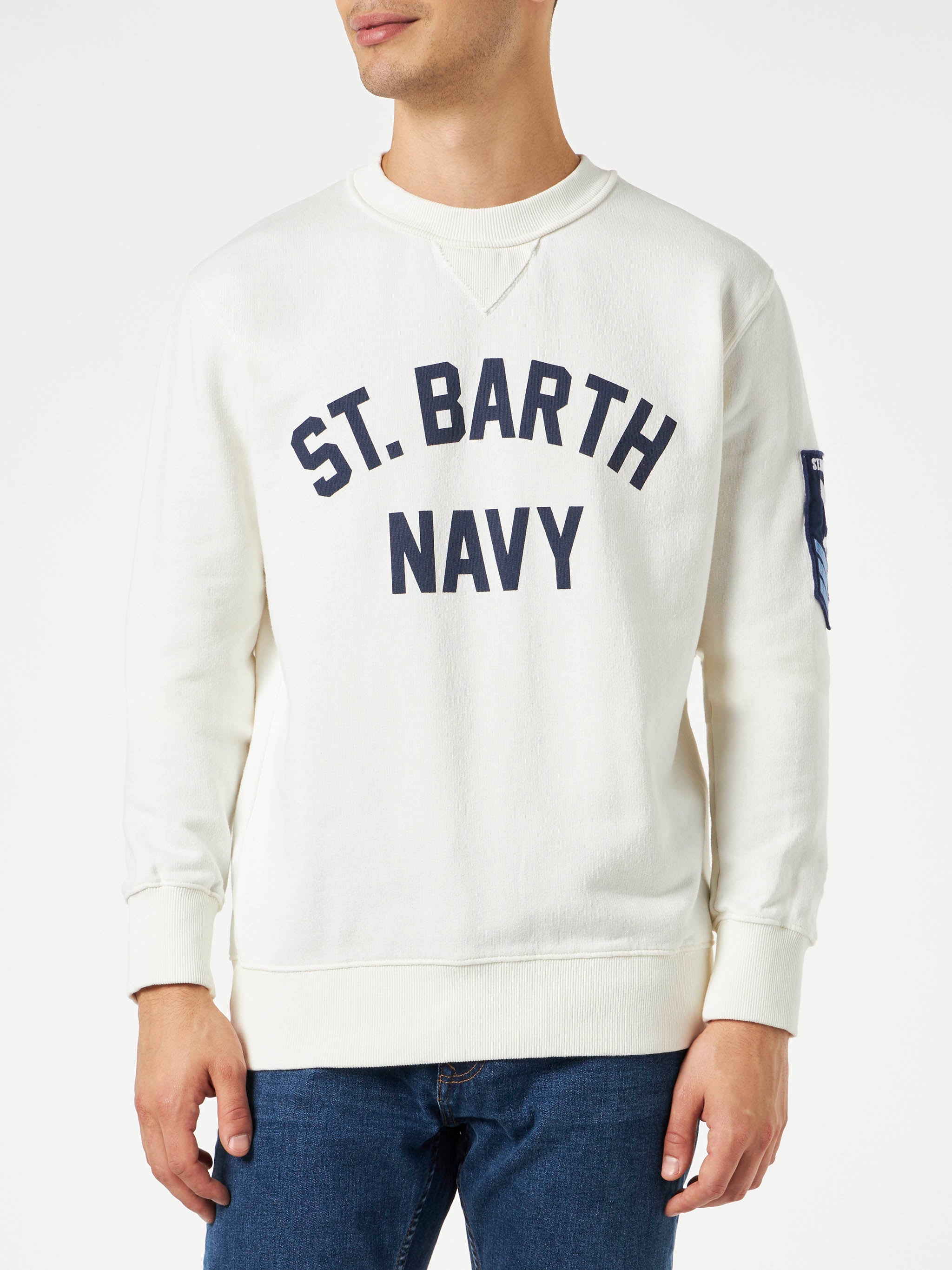 Man White Sweatshirt With St. Barth Navy Print