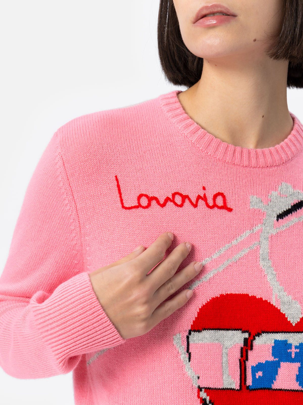 Mc2 Saint Barth Woman Cashmere Blend Sweater New Queen With Postcard Jacquard In Pink