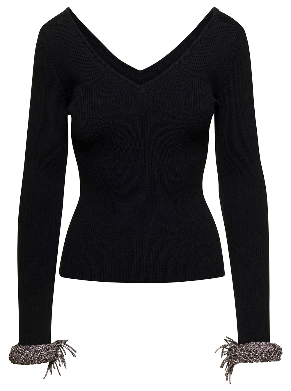 Black Top With V Neckline And Embellished Wrist In Wool Blend Woman