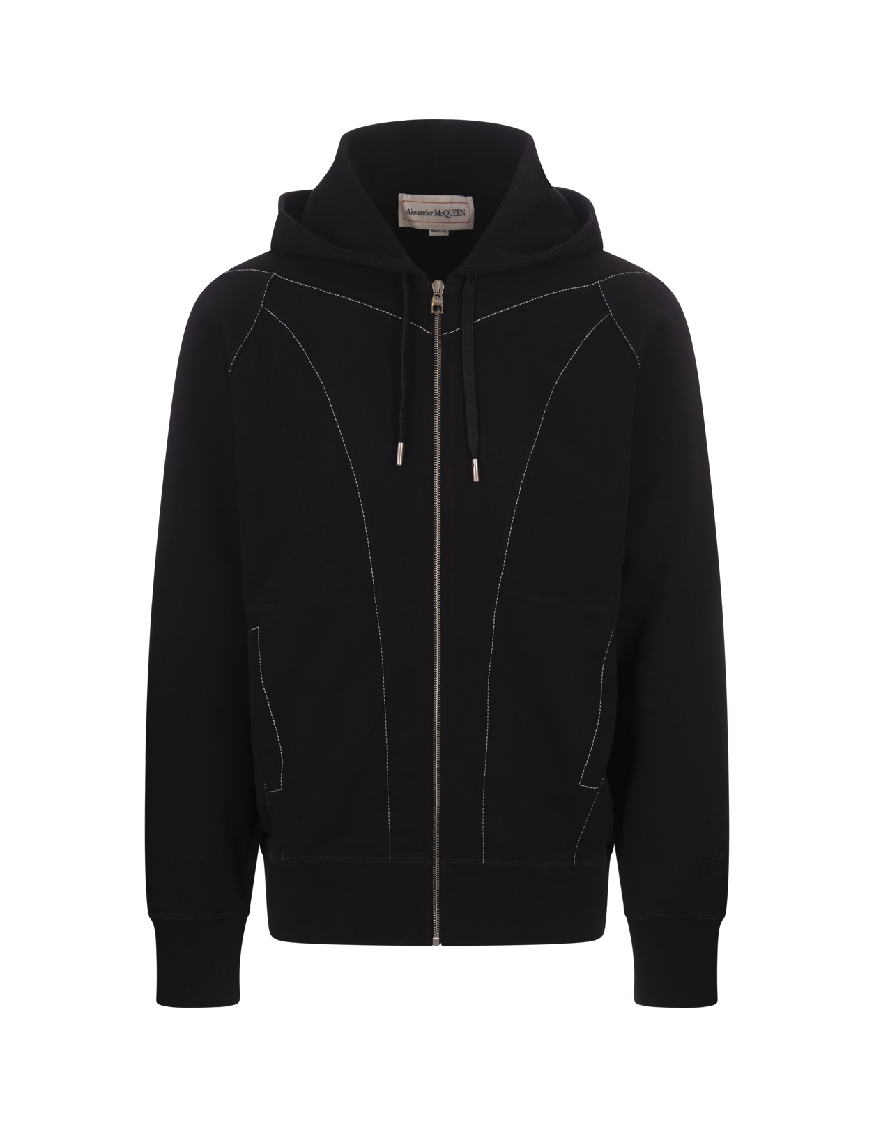 Contrast Stitch Zip-up Hoodie In Black