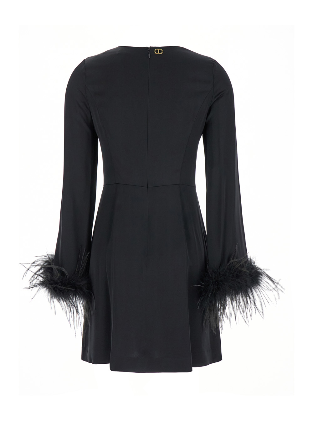 Shop Twinset Black Crewneck Dress With Feathered Cuffs In Viscose Woman In Nero