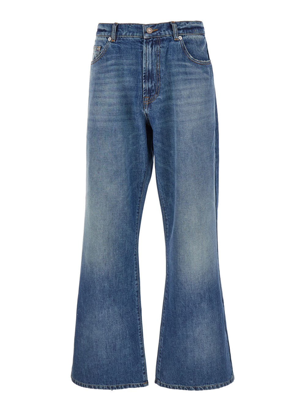 Blue Flared Jeans With Logo Patch On The Rear In Denim Man