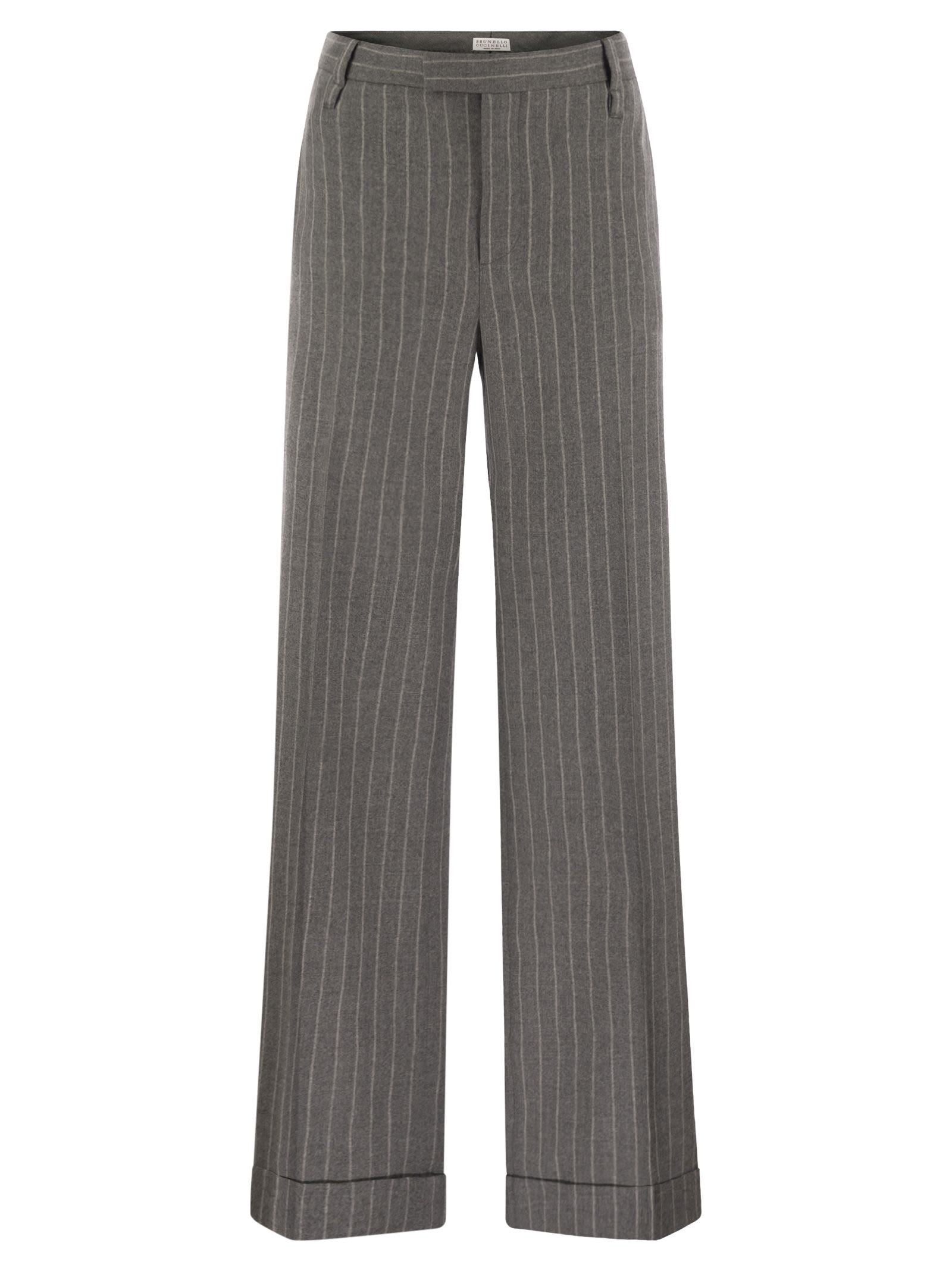 Loose Flared Trousers In Virgin Wool Mouliné Pinstripe With Beadwork