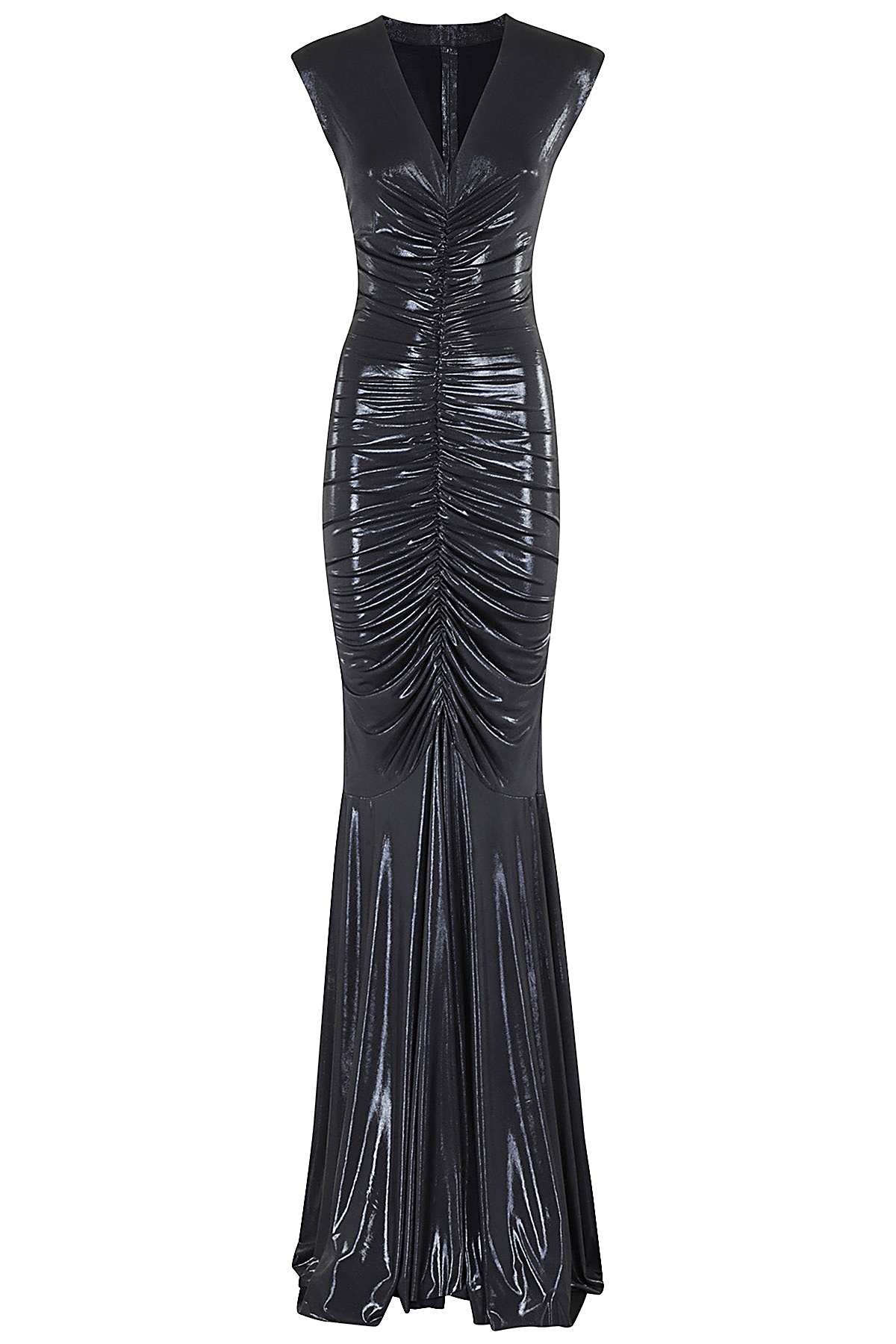 Sleeveless Deep V Neck Shirred Front Fishtail Gown