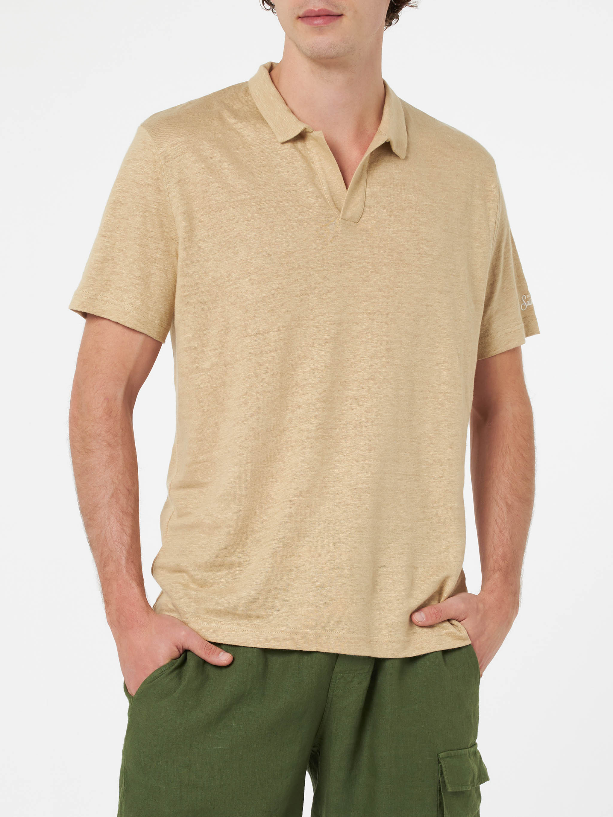 Man Beige Linen Polo Shirt Fraser