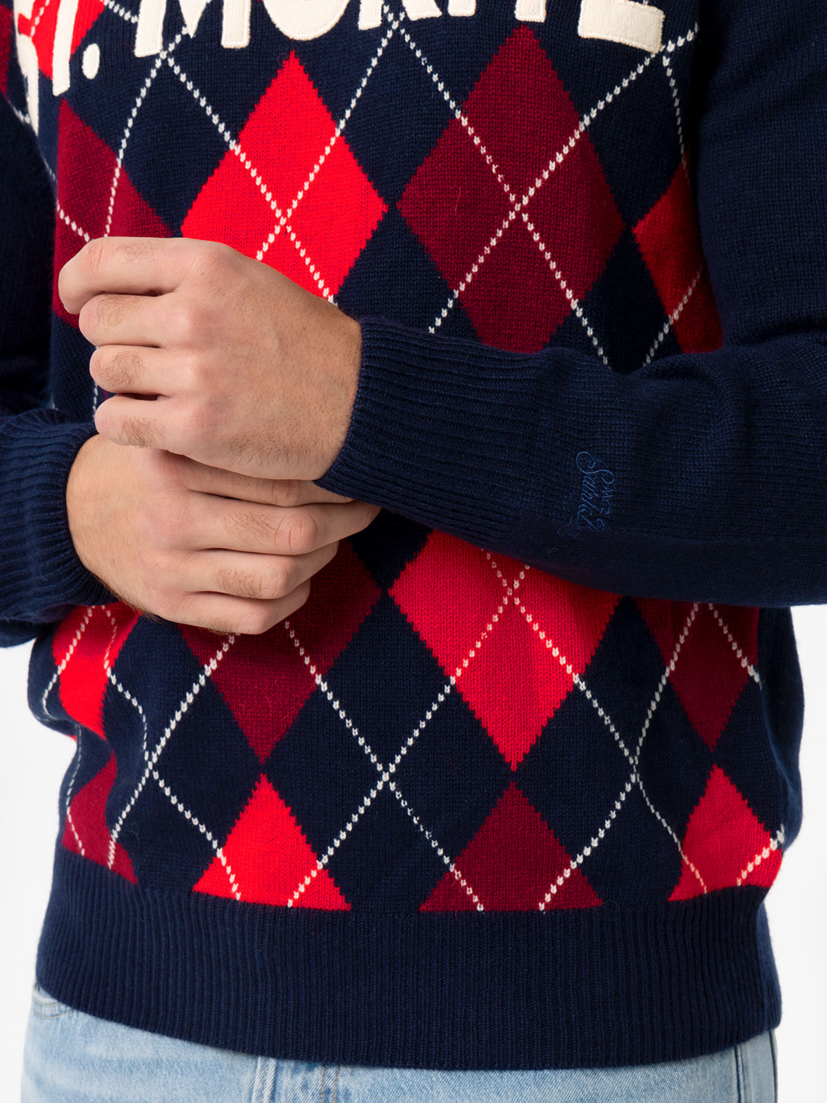 Mc2 Saint Barth Man Argyle Sweater Heron With St. Moritz Jacquard In Blue