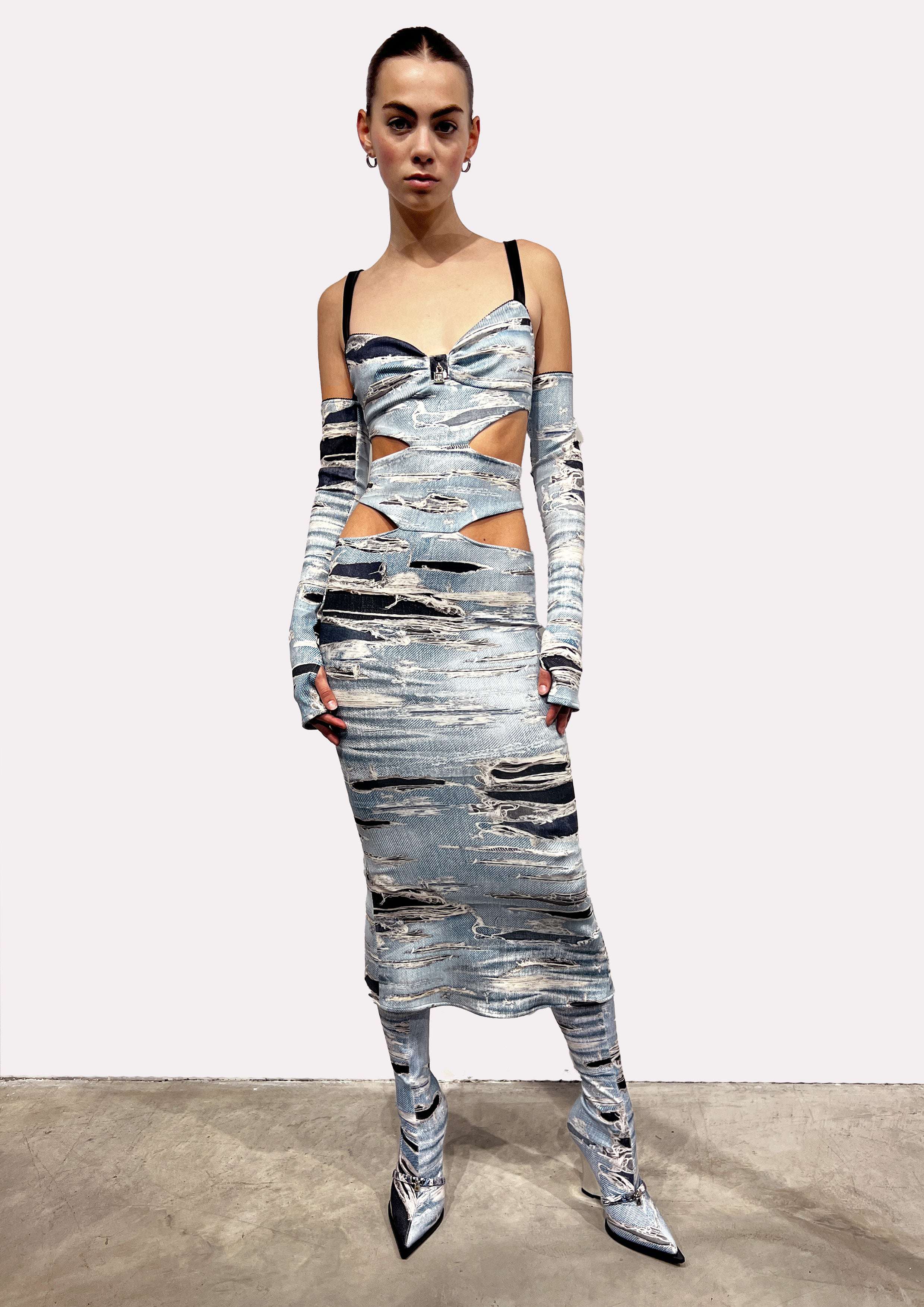 Long Dress With Decorative Splits And Thin Straps. Iconic Runway Denim-effect Pattern.