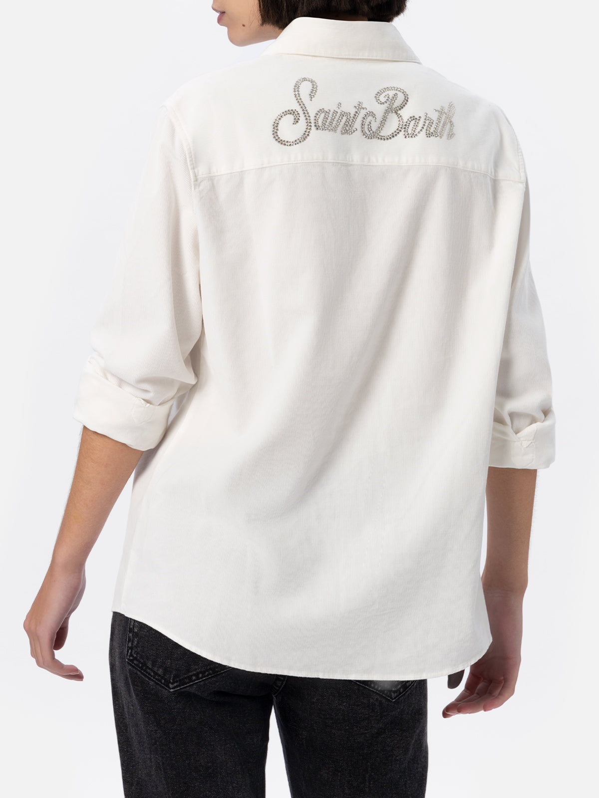 Mc2 Saint Barth Woman Off-white Corduroy-like Shirt Deer With St. Barth Rhinestones Logo In White
