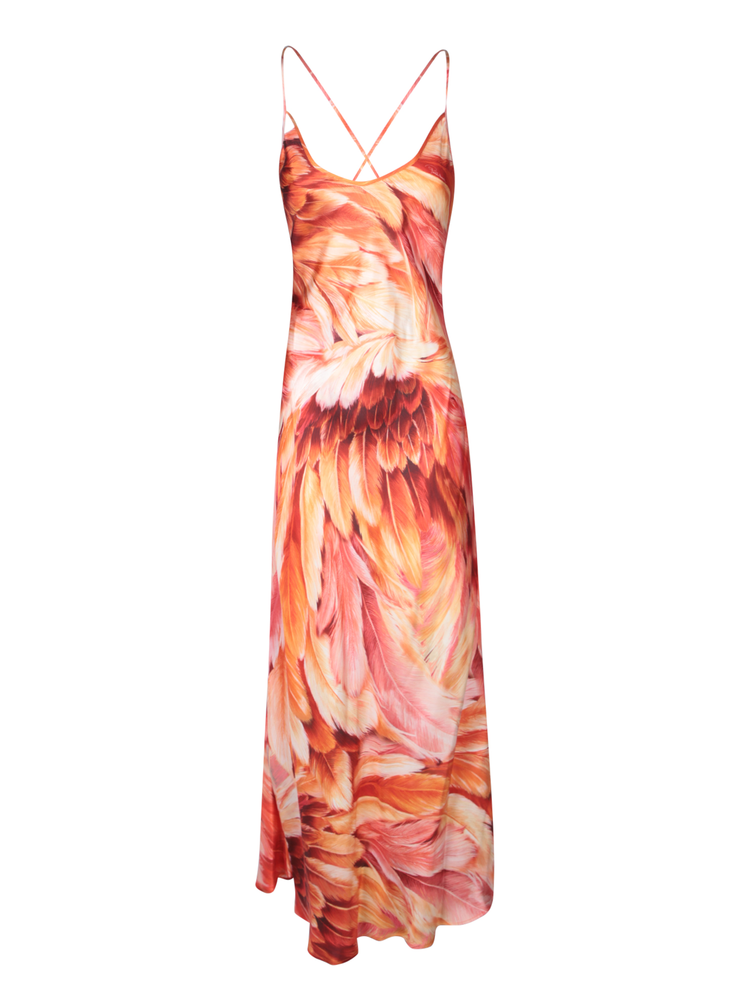 Long Dress With Straps And Plumage Print In Orange