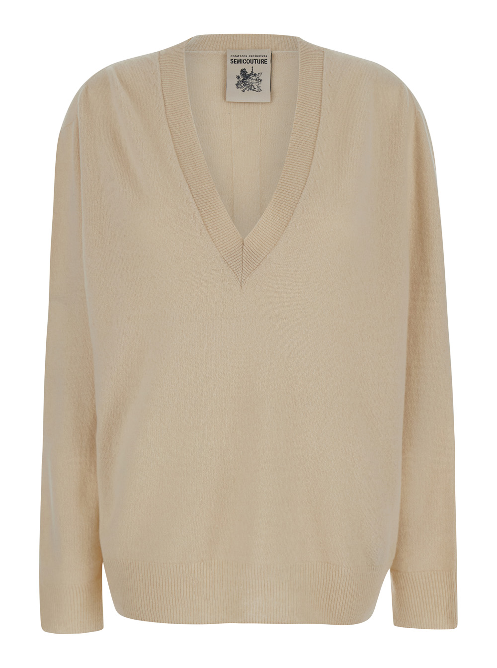 Oversized Beige Pullover With V Neck In Wool And Cashmere Woman