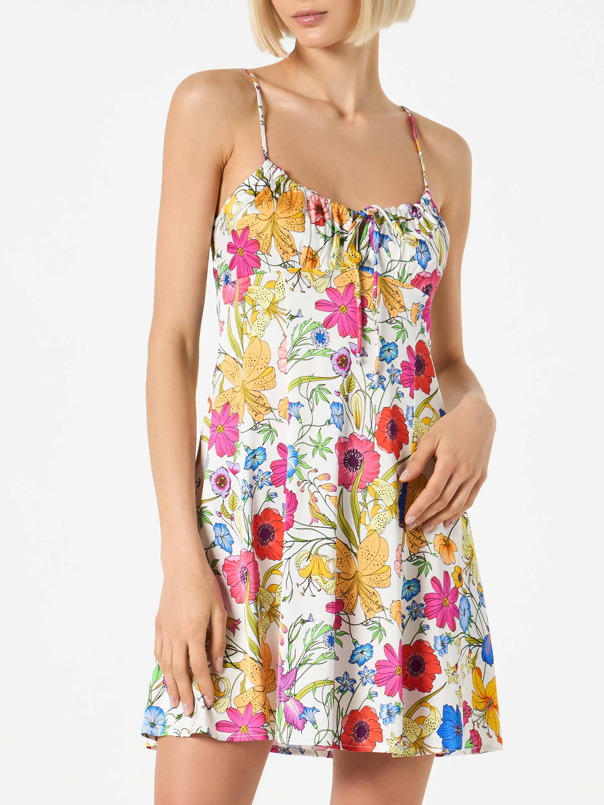 Woman Short Slip Dress Creamy With Flower Print