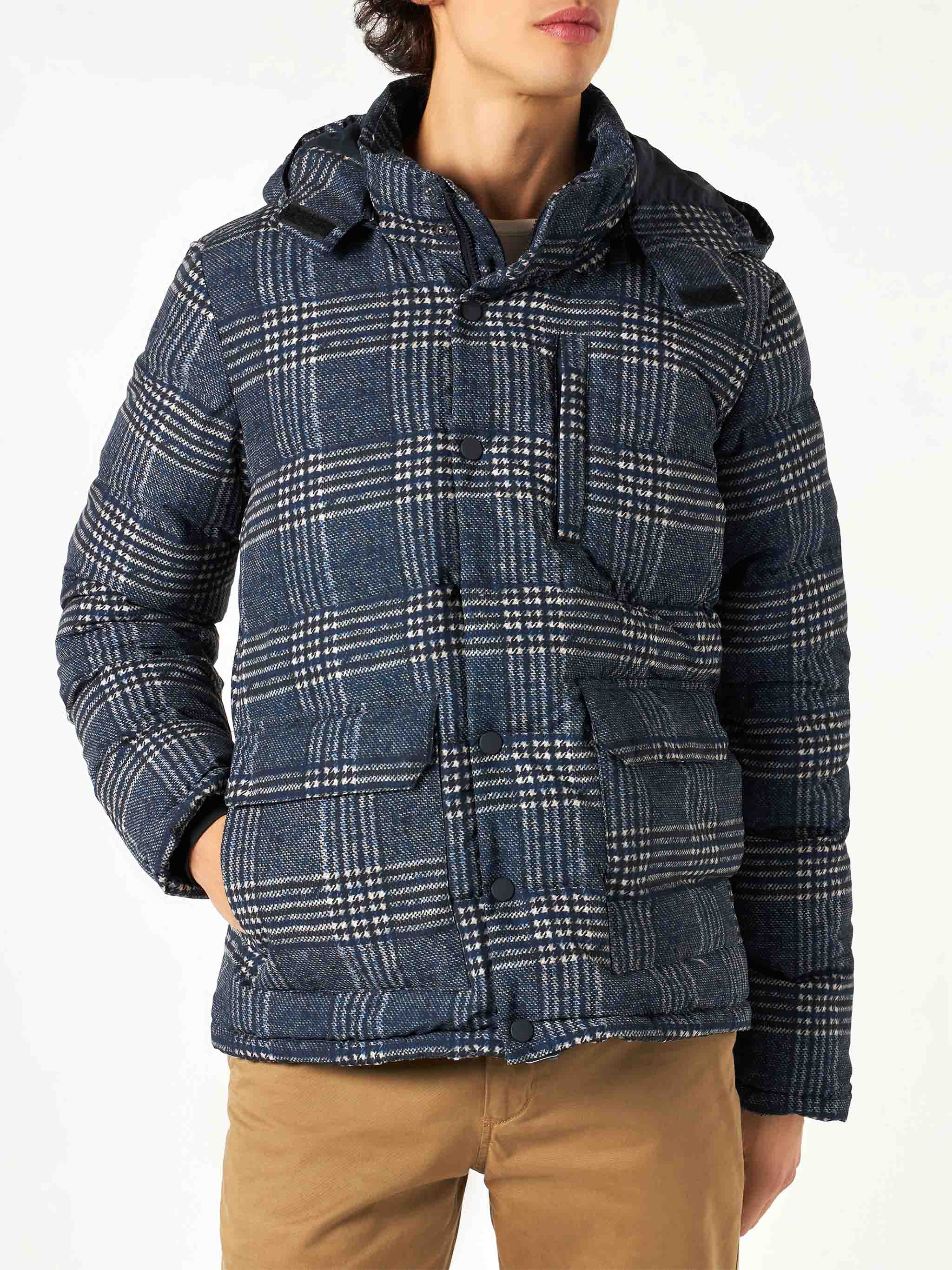 Blue Prince Of Wales Print Hooded Down Padded Jacket