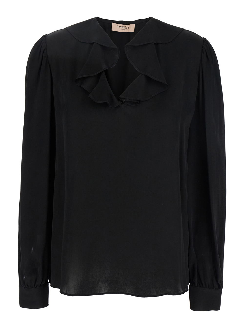 Black V-neck Blouse With Ruffles In Acetate Blend Woman